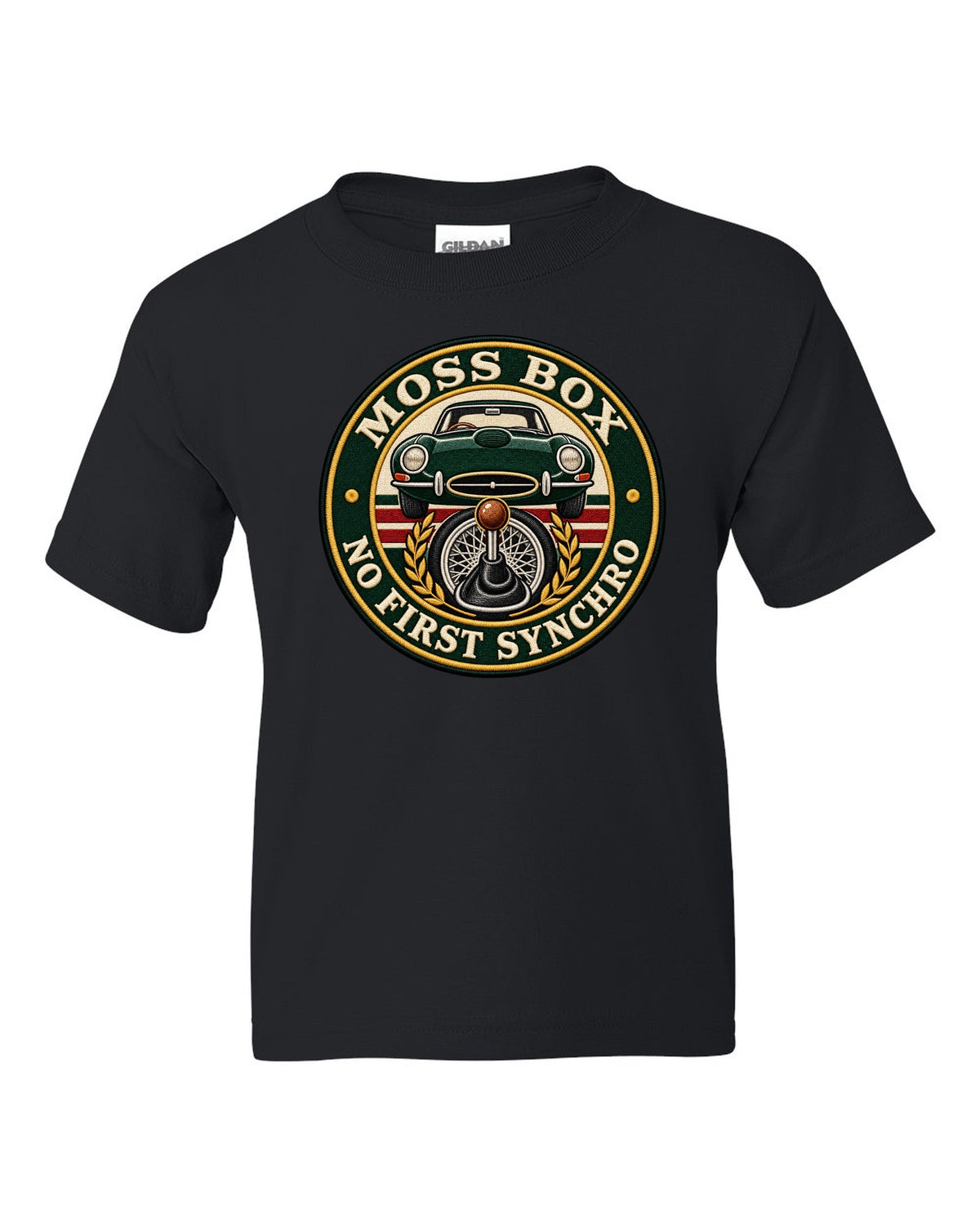 Varsity embroidery-style print for the 1961 Jaguar E-Type Series 1 with Moss box lettering black kids tee front view with the design