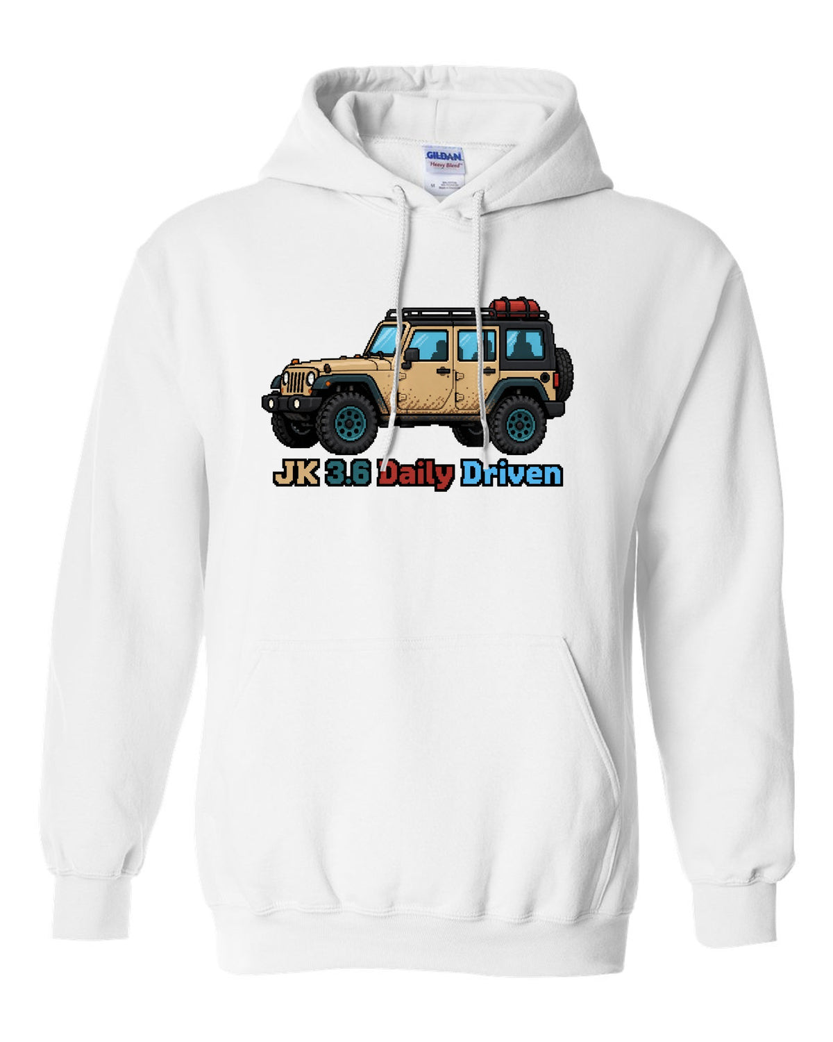 Jeep Wrangler JK 16-bit pixel art design with JK 3.6 daily driven text white pull over hoodie front view with the design