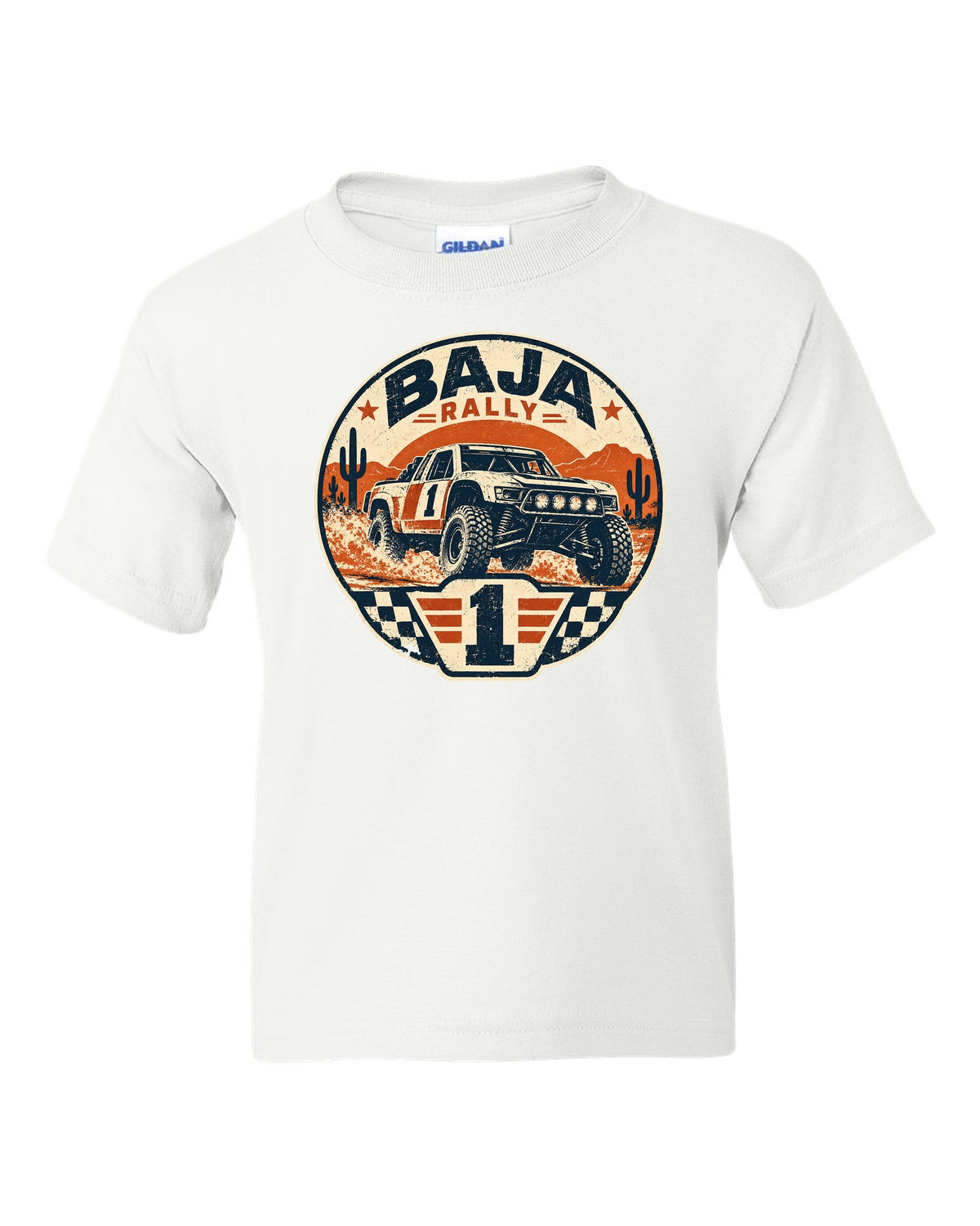 Stencil street-art of a 2022 Ford Bronco off-road race truck with 15 PSI AIRED DOWN lettering white kids tee front view with the design