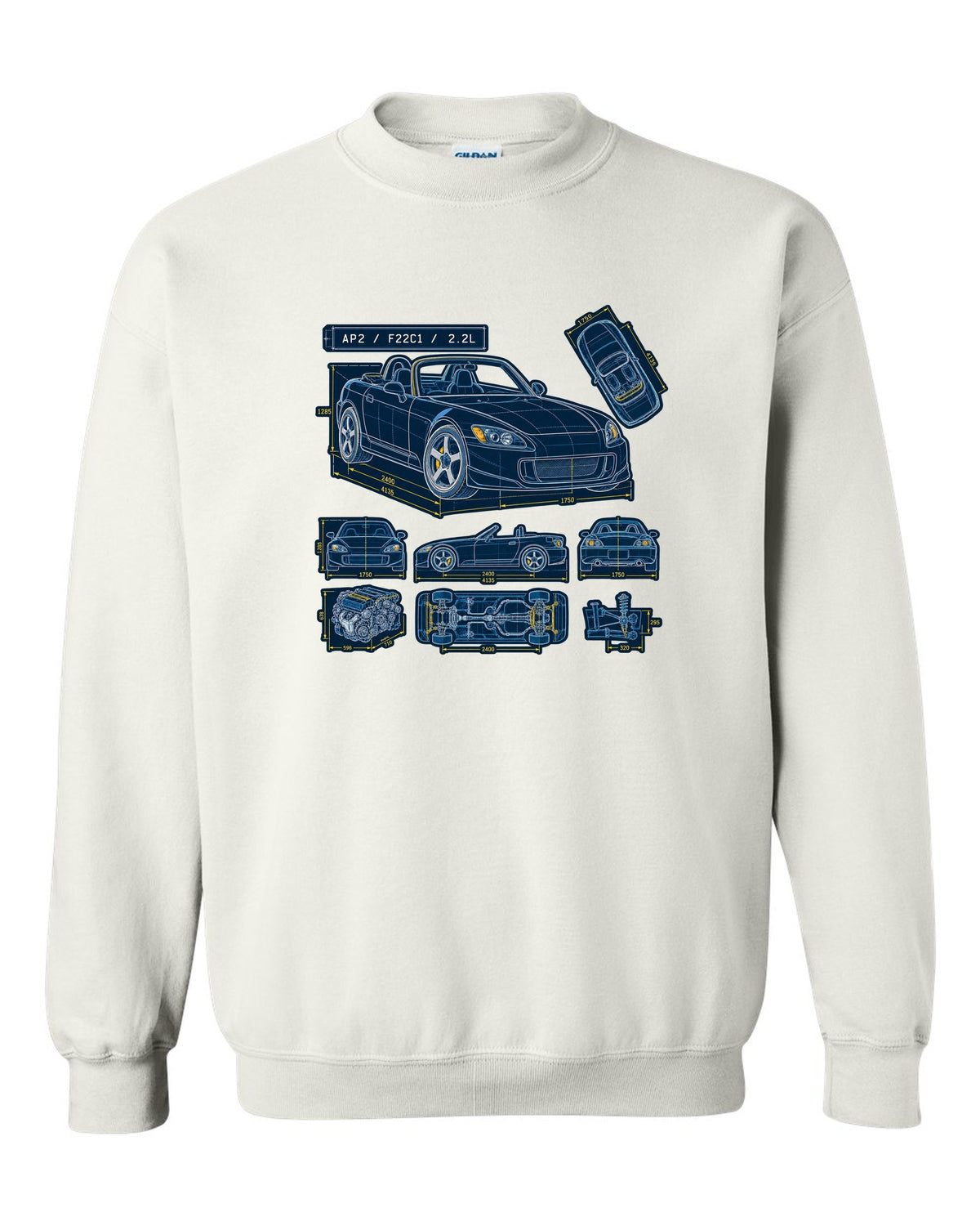 Neon synthwave sunset print of a Honda S2000 AP2 with 8,200 RPM not 9,000 text white crewneck front view with the design