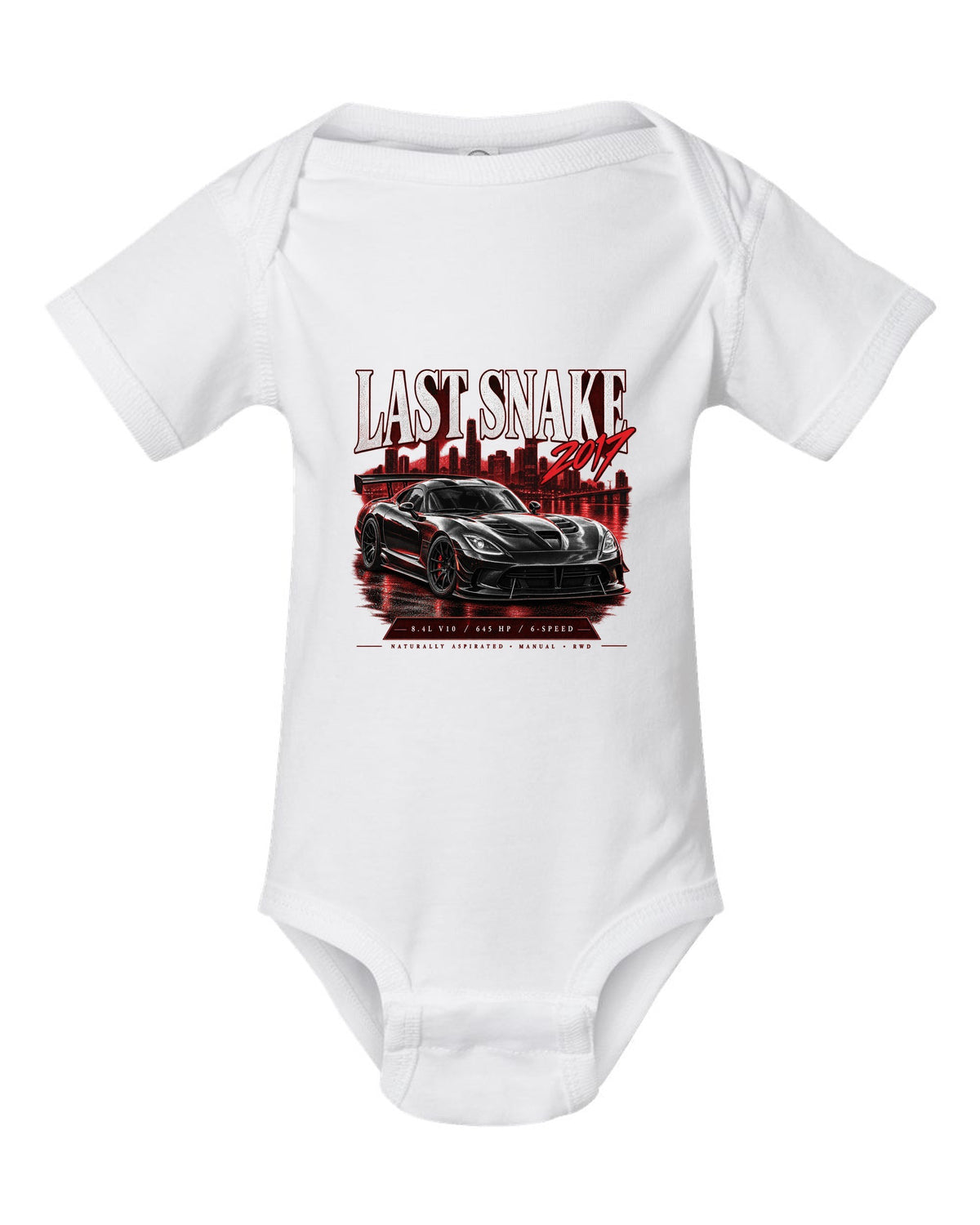 Archive panel print of the 2017 Dodge Viper VX I ACR with 8.4L V10 and 645 HP specs white baby onesie front view with the design