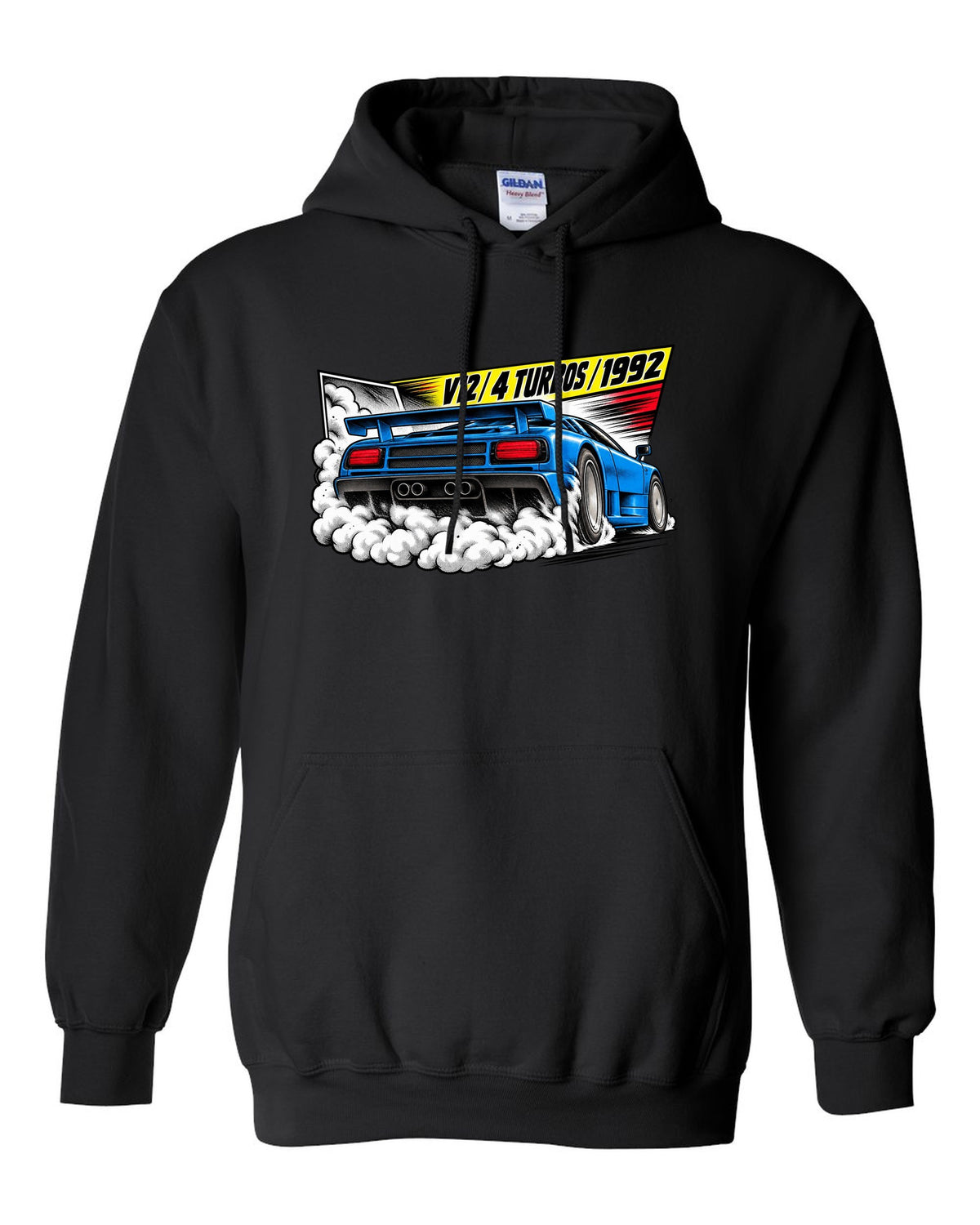 Retro manga halftone panel of a Bugatti EB110 SS burnout with V12 4 TURBOS 1992 lettering black pull over hoodie front view with the design