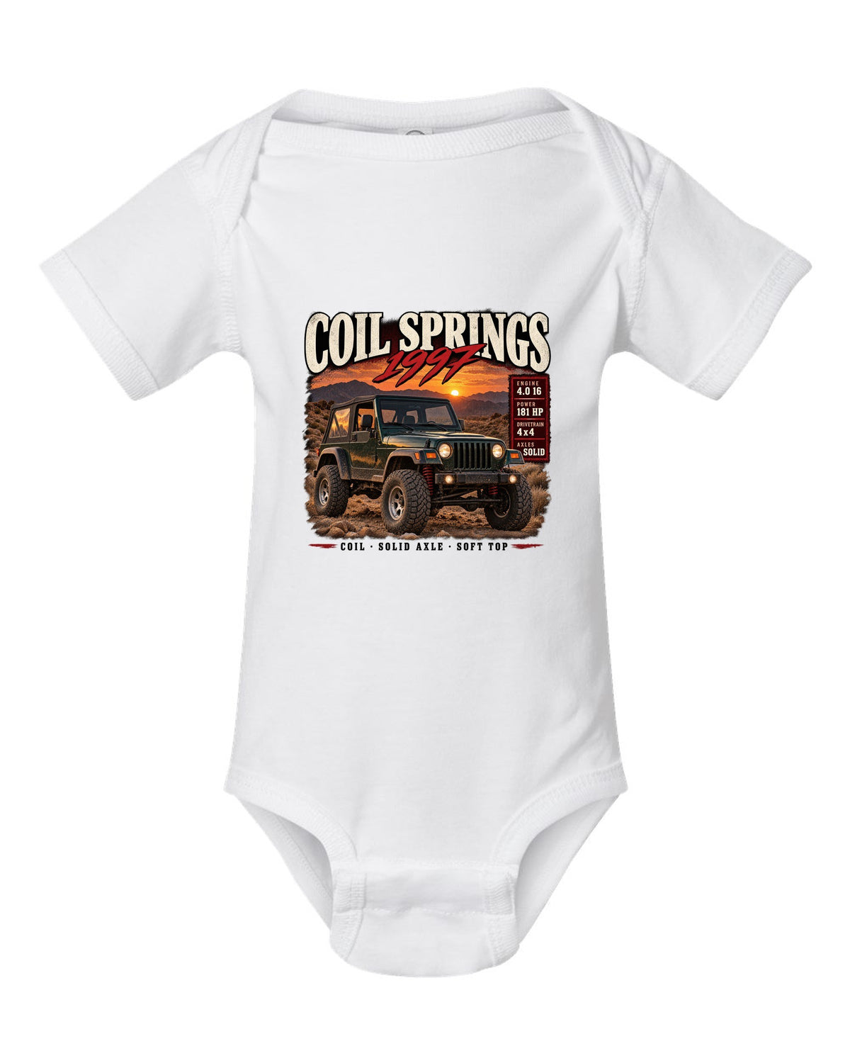 Archive panel print for the Jeep Wrangler TJ, Coil Springs 1997 Finally white baby onesie front view with the design