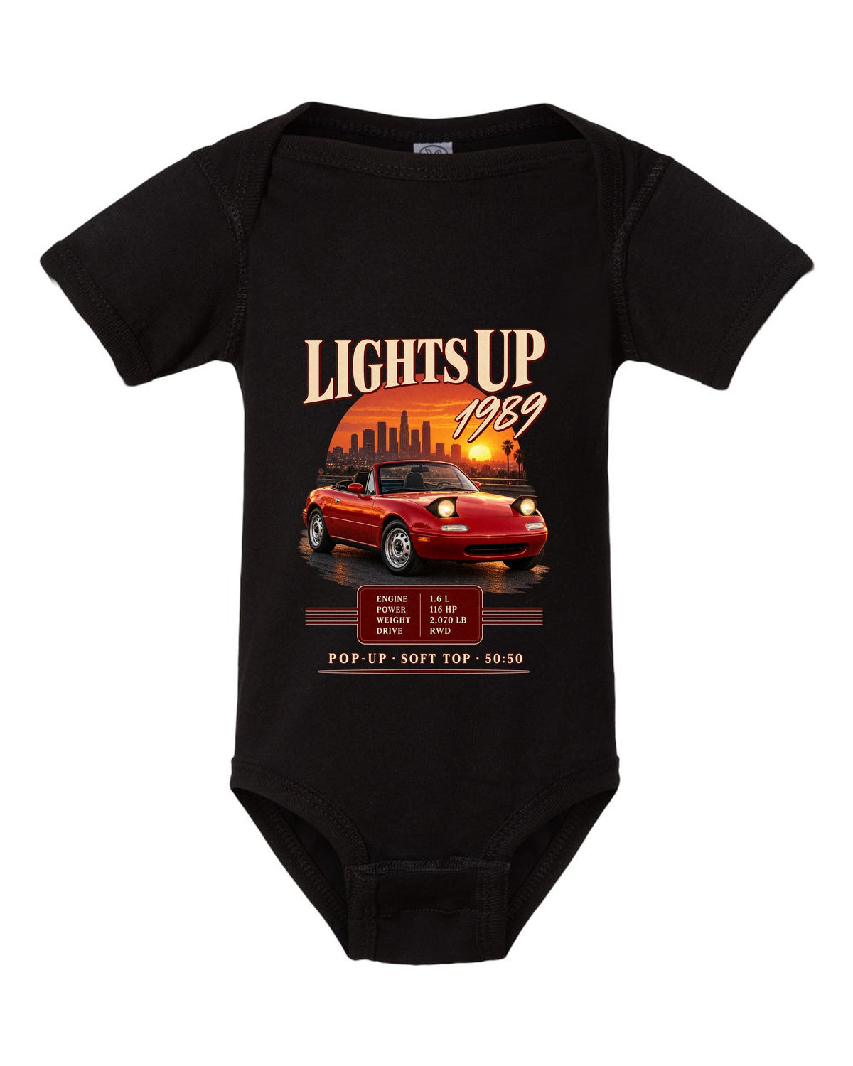 Archive panel print for the 1989 Mazda MX-5 NA with 116 HP, 2,070 lb and pop-up headlight specs black baby onesie front view with the design