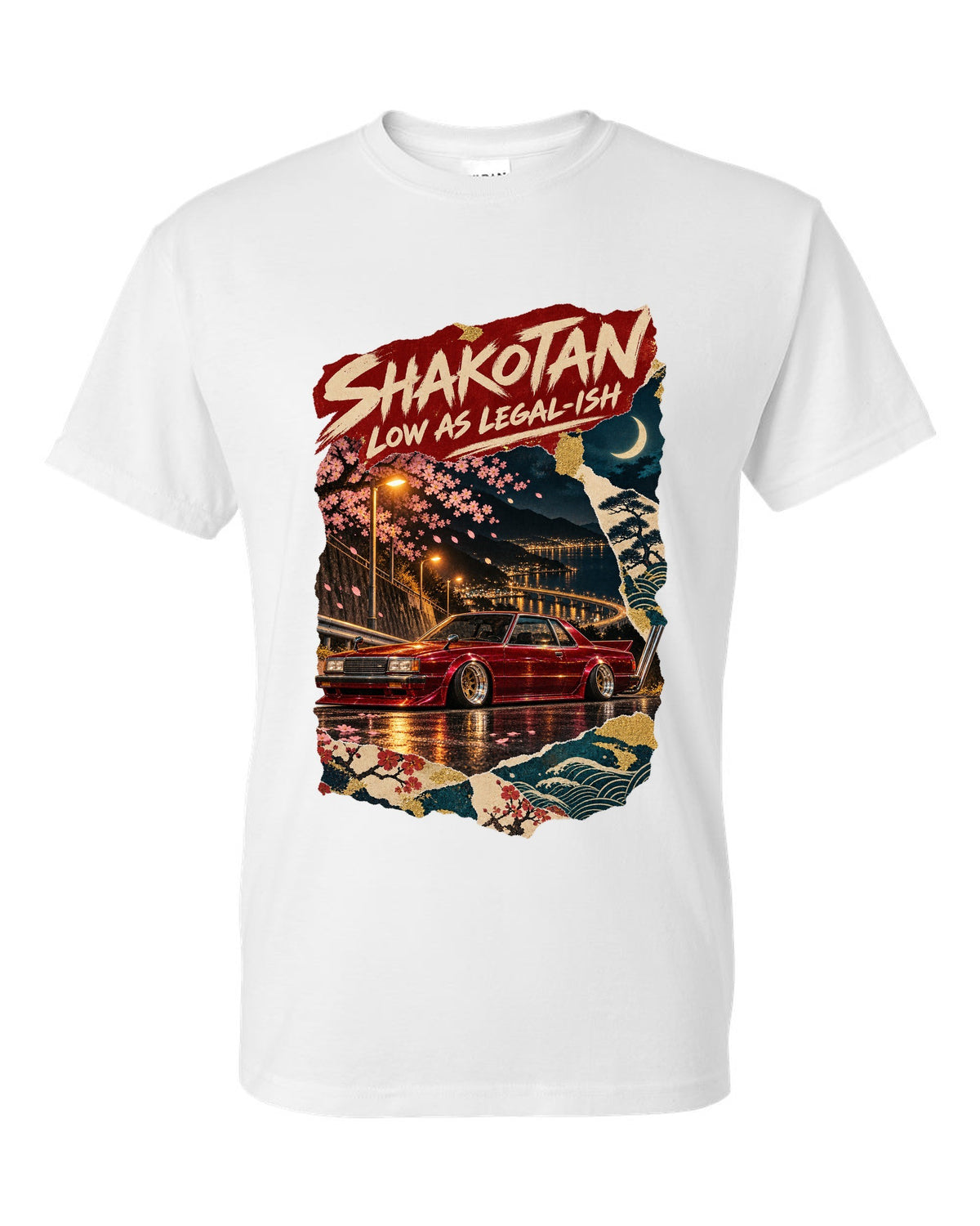 Japanese poster collage of a lowered kaido racer coupe with SHAKOTAN lettering white t-shirt front view with the design