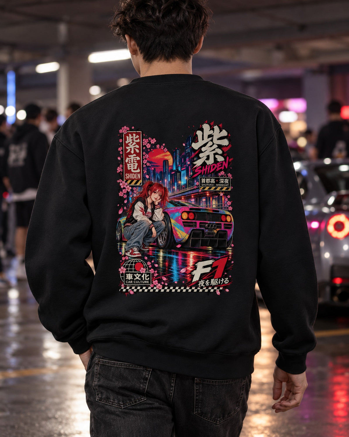 SHIDEN F1 Anime Girl Full-Back Graphic Tee Crewneck Black worn hero