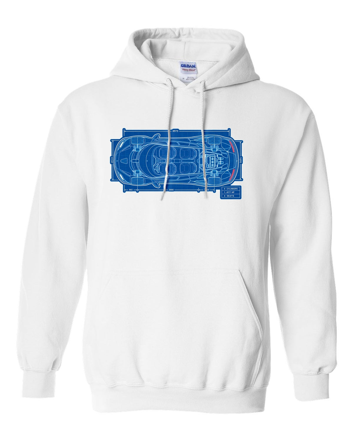 Technical blueprint print of the Koenigsegg Gemera seen from above with 3 cylinders and 4 seats lettering white pull over hoodie front view with the design