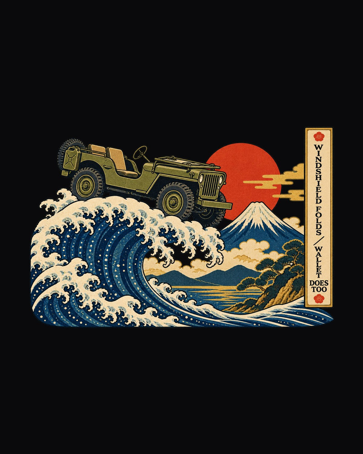 Willys MB Great Wave Woodblock Tee, Folding Windshield Joke design only