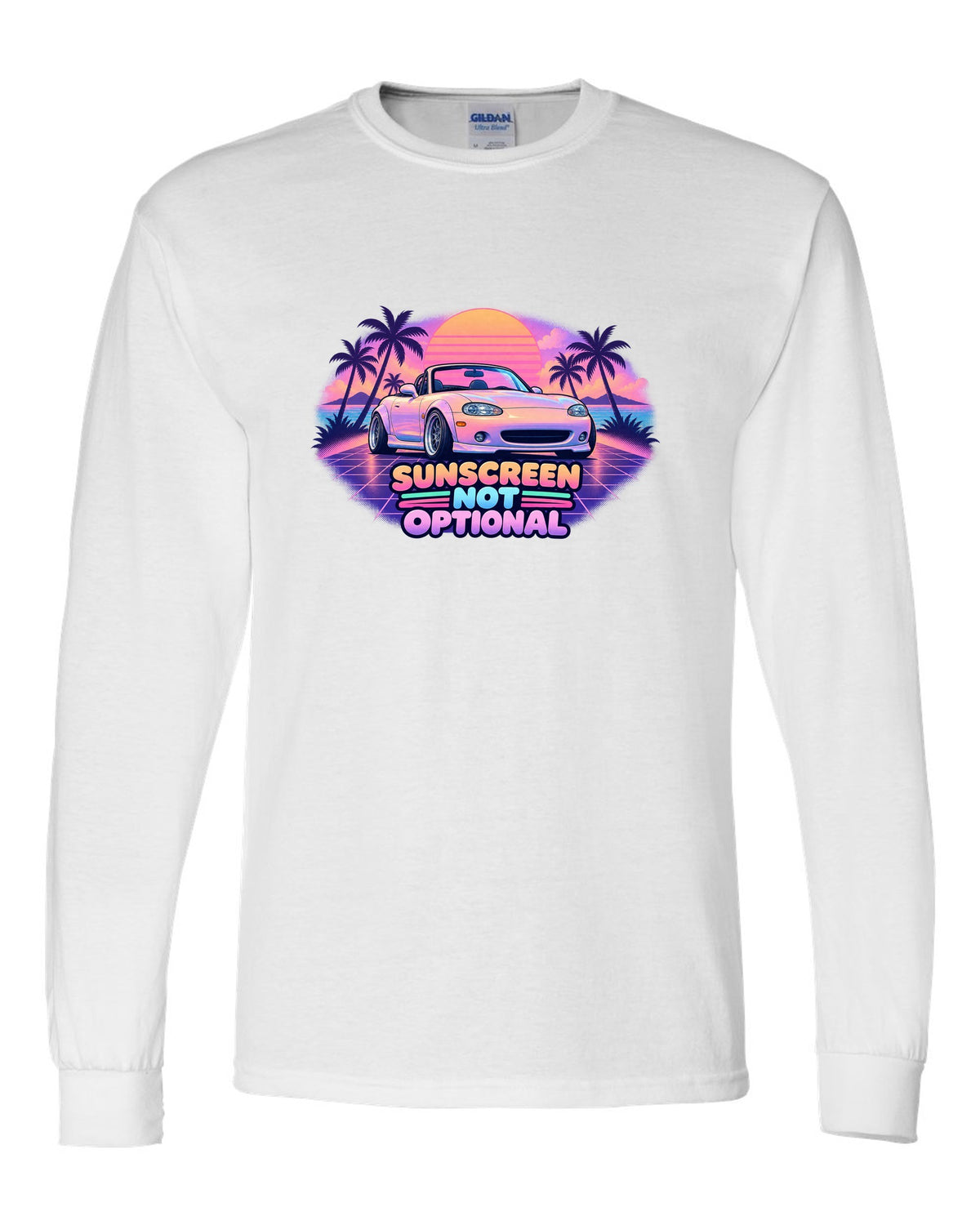 Vaporwave pastel print of a Mazda MX-5 NB Miata with the roof down and the text Sunscreen Not Optional white long sleeve front view with the design