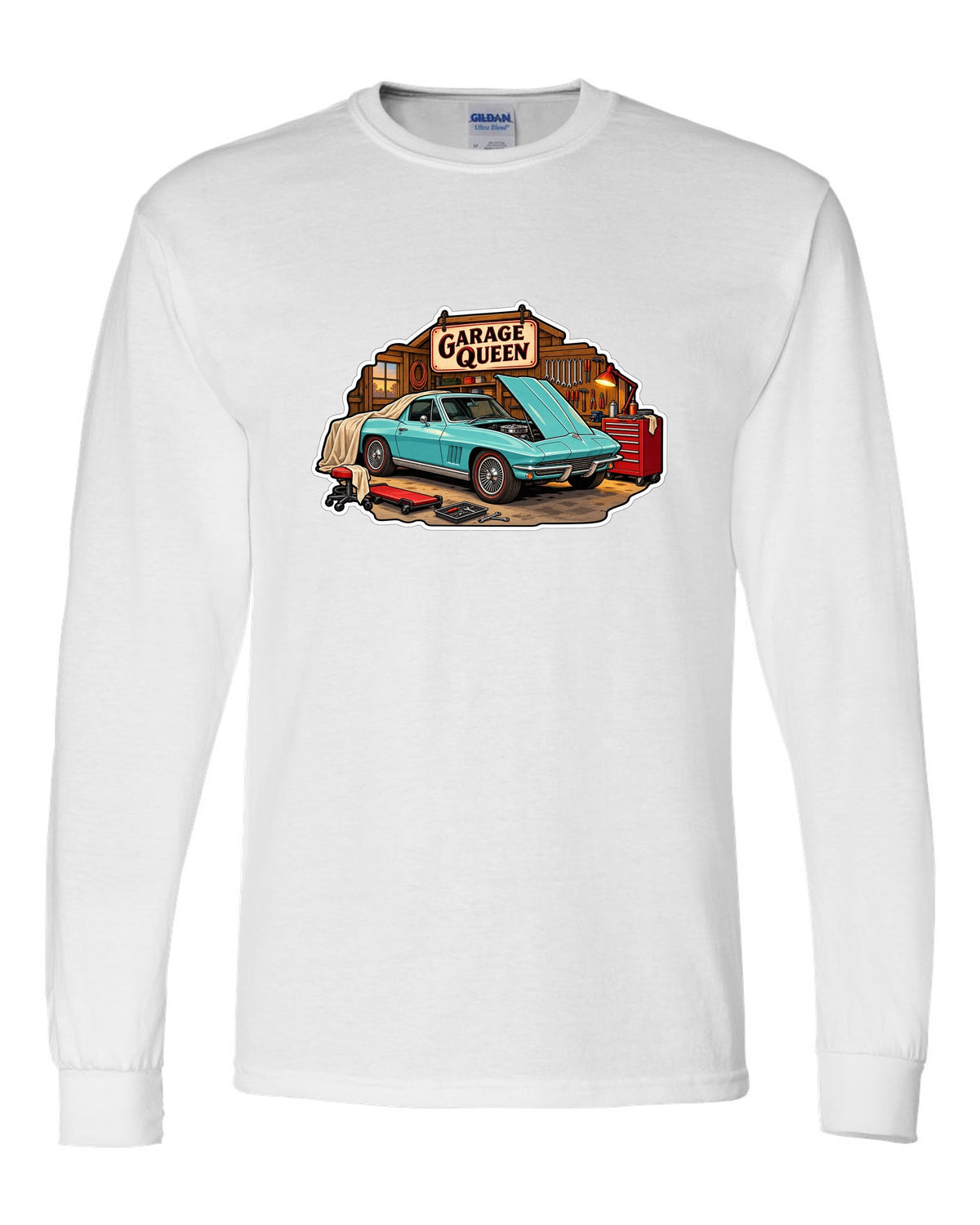 Sticker-bomb collage print of a 1966 Chevrolet Corvette C2 Sting Ray coupe with Garage Queen lettering white long sleeve front view with the design