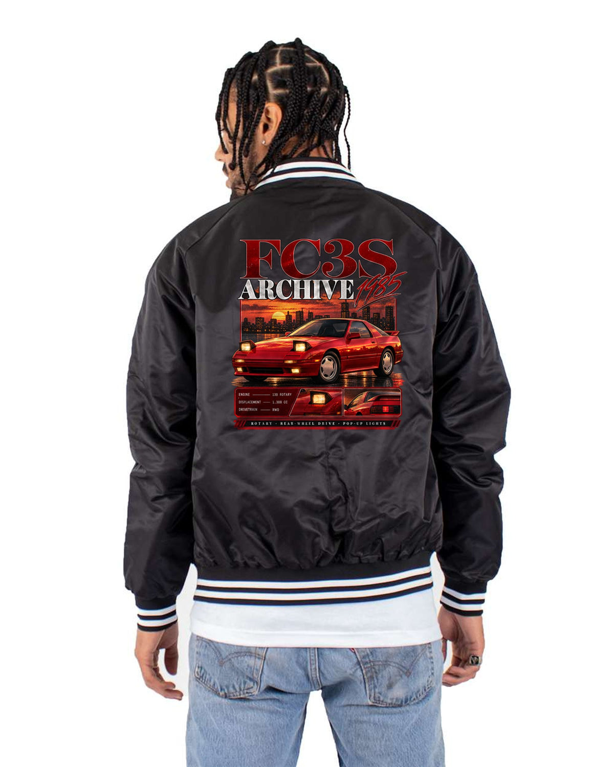 Mazda RX-7 FC3S 1985 Archive Panel Shirt, Pop-Up Lights Bomber Jacket Black back