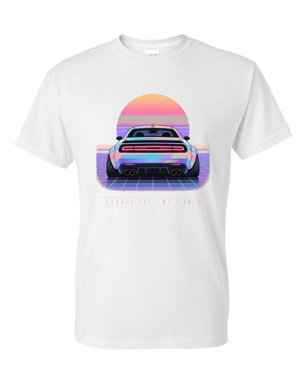 Vaporwave pastel print of a 2021 Dodge Challenger Scat Pack Widebody with garage fit text white t-shirt front view with the design
