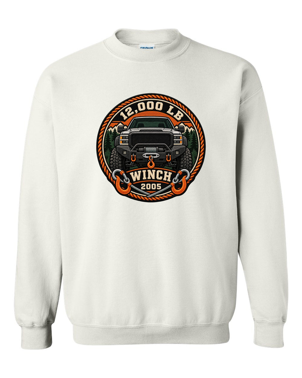 Varsity crest print of a Ram Power Wagon 2500 winch bumper with 12,000 LB winch 2005 text white crewneck front view with the design