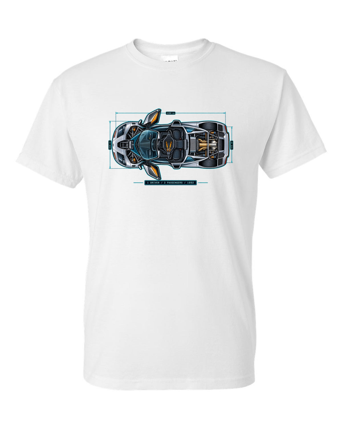 Technical blueprint print of the McLaren F1 with 1 Driver 2 Passengers 1992 lettering white t-shirt front view with the design