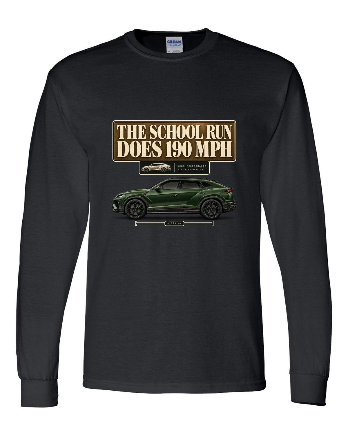Lamborghini Urus Performante editorial headline print reading the school run does 190 mph black long sleeve front view with the design