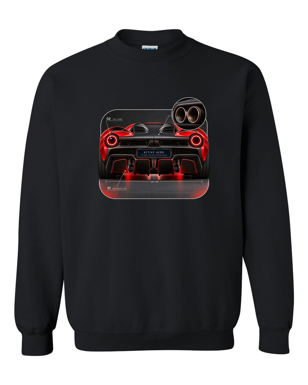 Ferrari LaFerrari taillight macro print with active aero caption black crewneck front view with the design