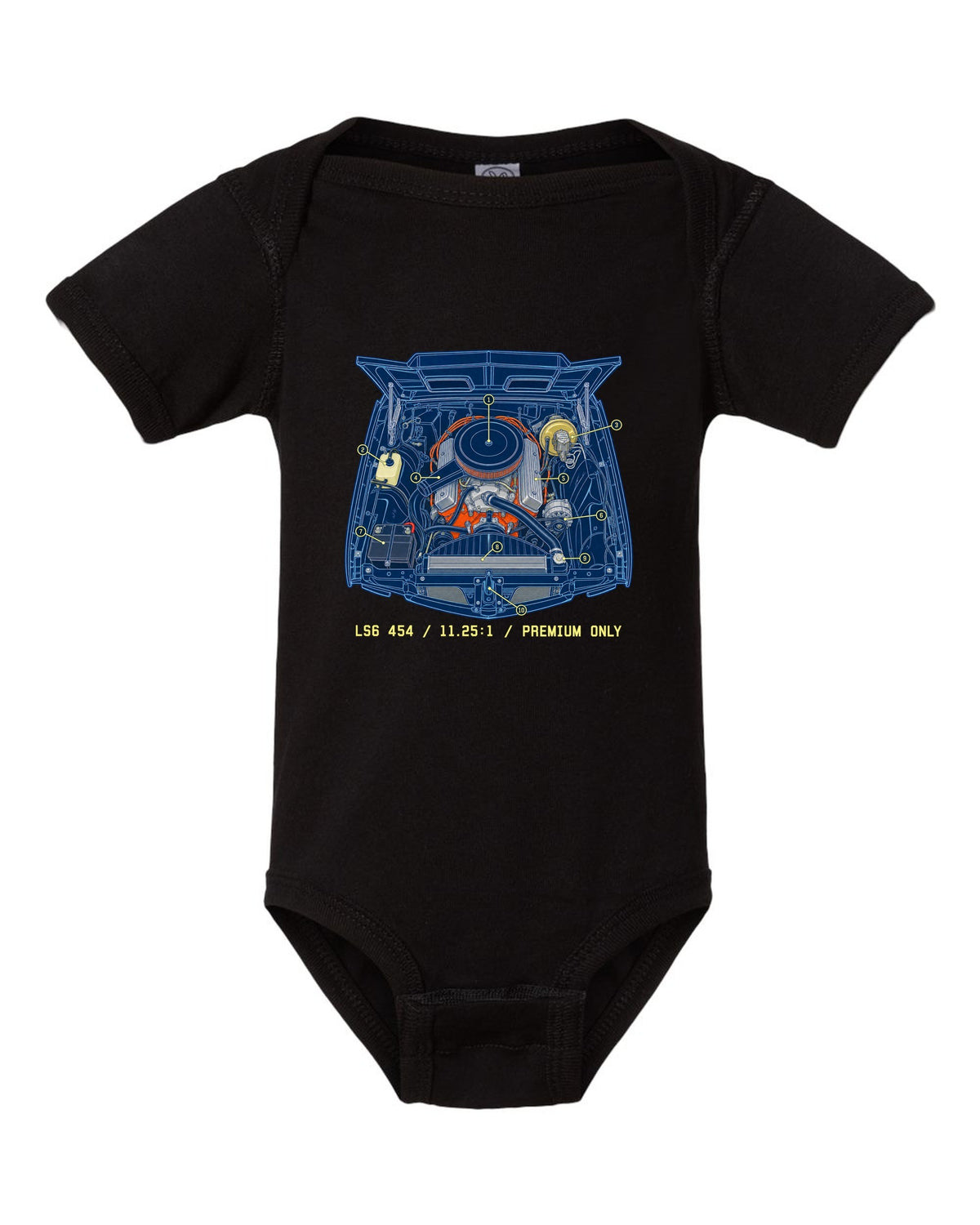 Blueprint line art print of a 1970 Chevelle SS 454 engine bay with the text LS6 454, 11.25:1, Premium Only black baby onesie front view with the design