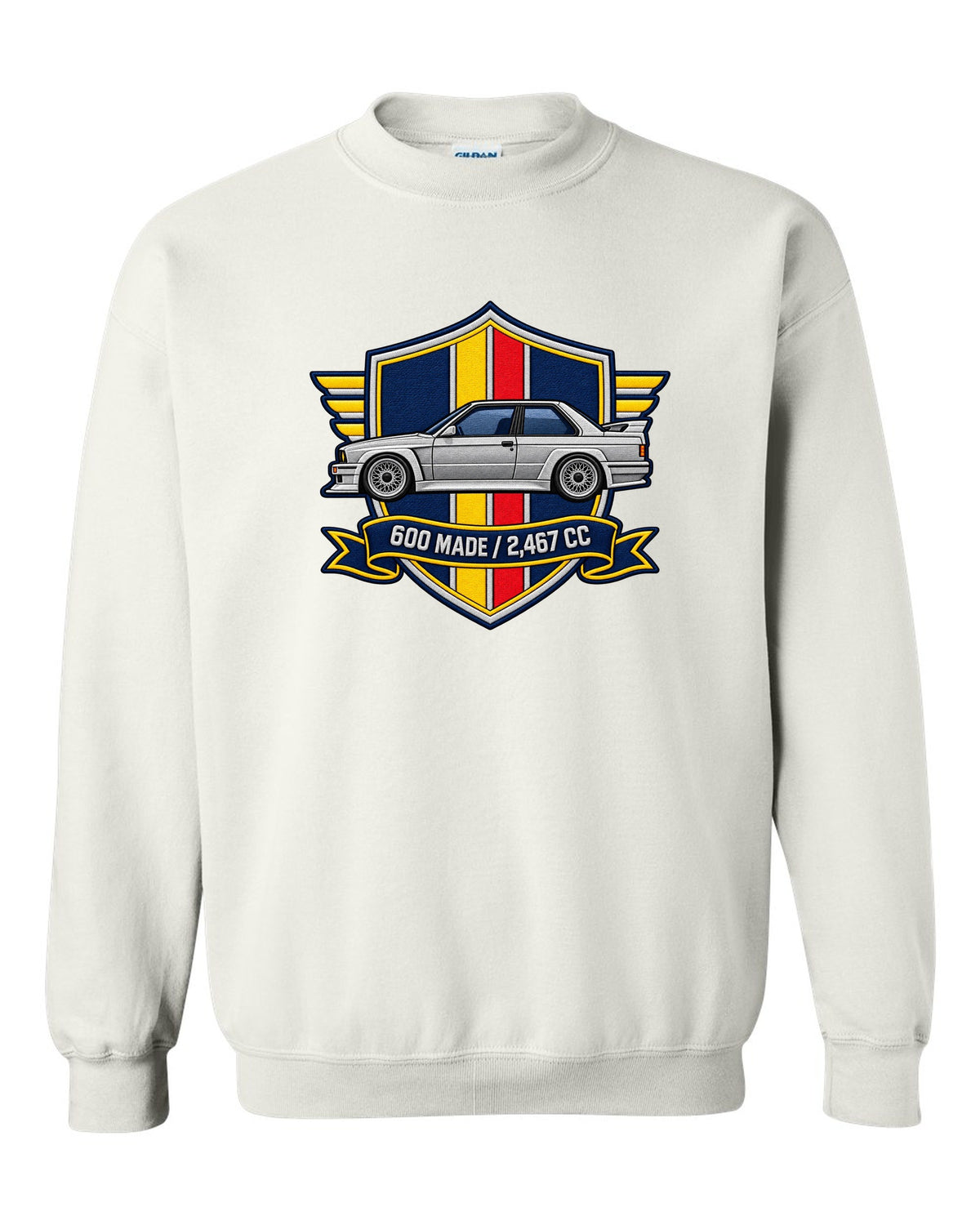 Varsity crest style print of a BMW E30 M3 Sport Evo with 600 made and 2,467 cc text white crewneck front view with the design