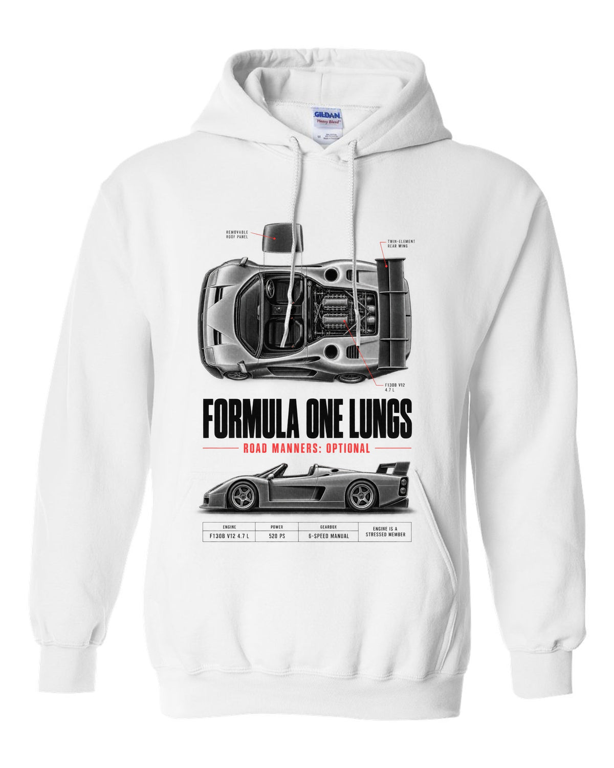 Ferrari F50 1995 top-down and profile spec poster print, F130B V12 4.7 L white pull over hoodie front view with the design