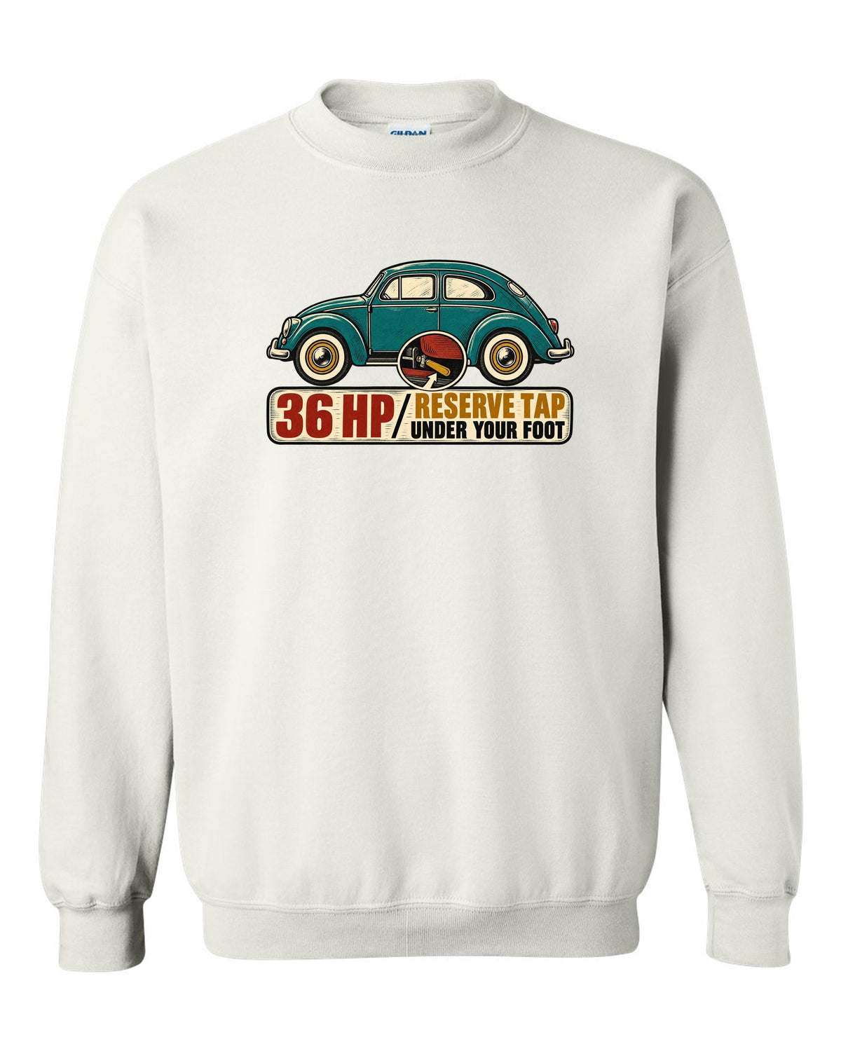 Multi-colour linocut of a 1955 oval-window VW Beetle with reserve tap lettering white crewneck front view with the design