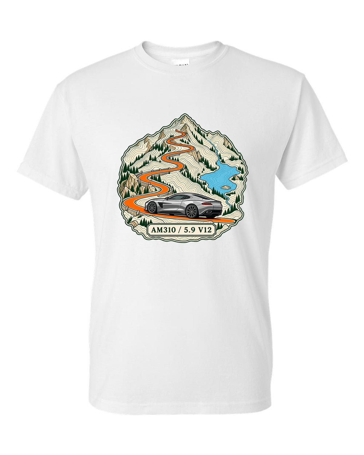 Topographic ridge route map print for the 2012 Aston Martin Vanquish AM310 with 5.9 V12 lettering white t-shirt front view with the design