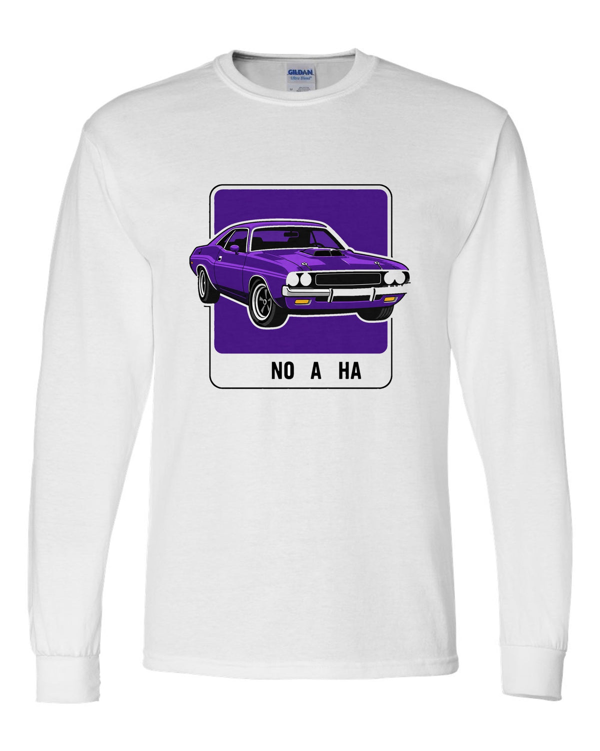 Minimal colour swatch card in Plum Crazy for a 1970 Dodge Challenger R/T with code FC7 white long sleeve front view with the design
