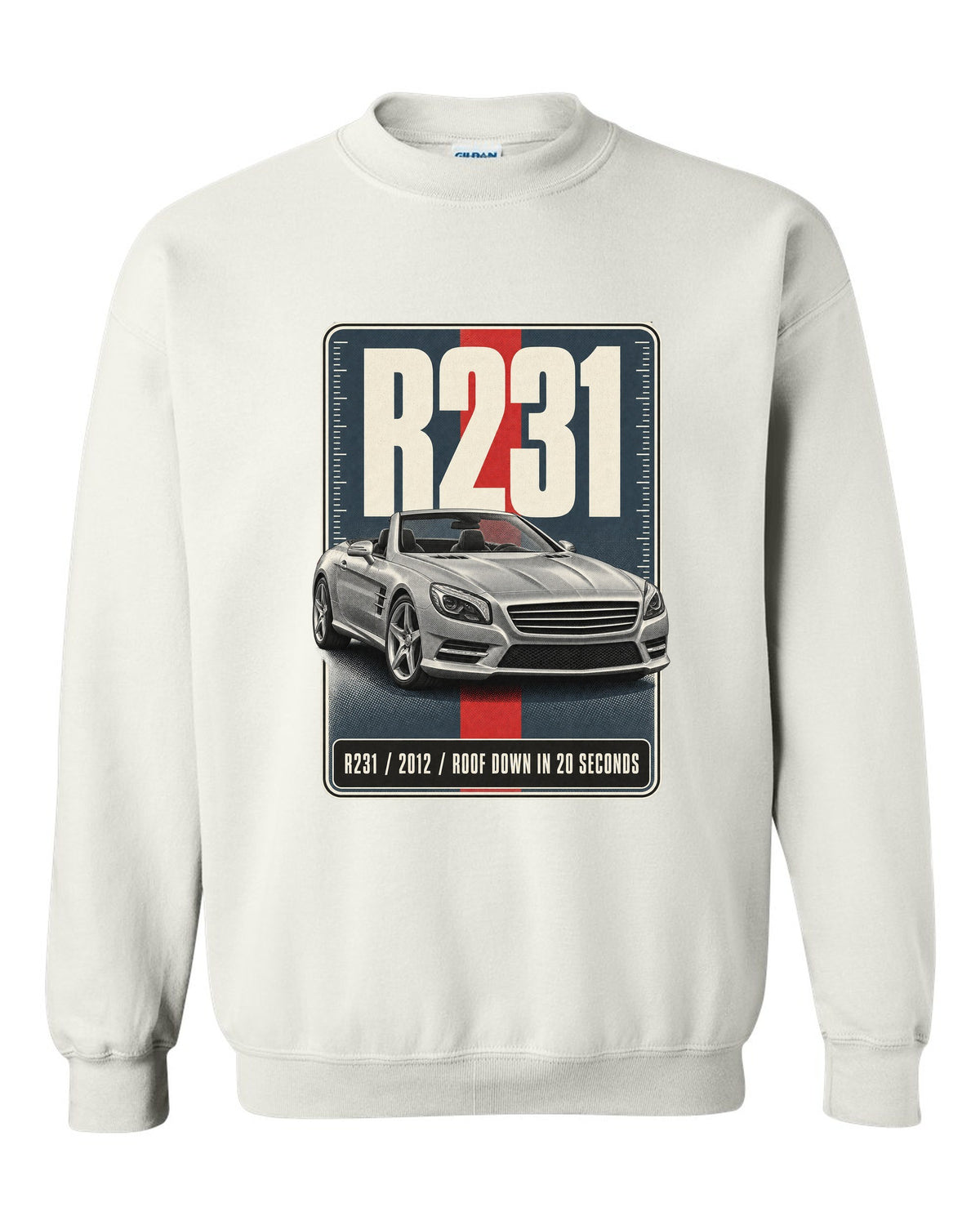 Mercedes-Benz SL R231 low front three-quarter halftone print in warm grey white crewneck front view with the design