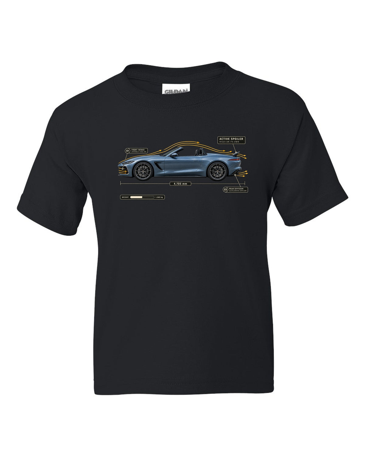 SL63 R232 Active Spoiler Aero Callout black kids tee front view with the design