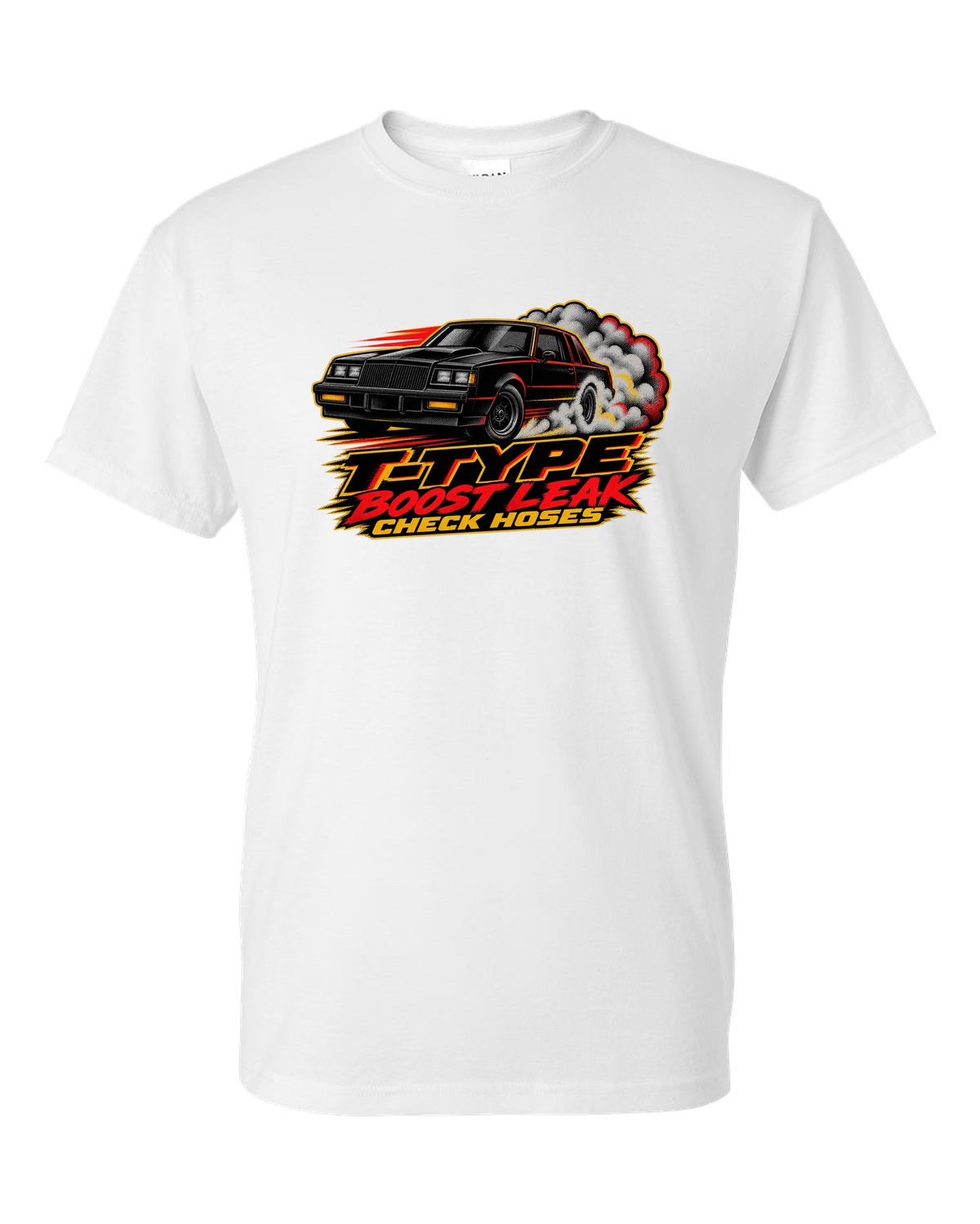 1986 Buick Regal T-Type G-body burnout in halftone screenprint style white t-shirt front view with the design
