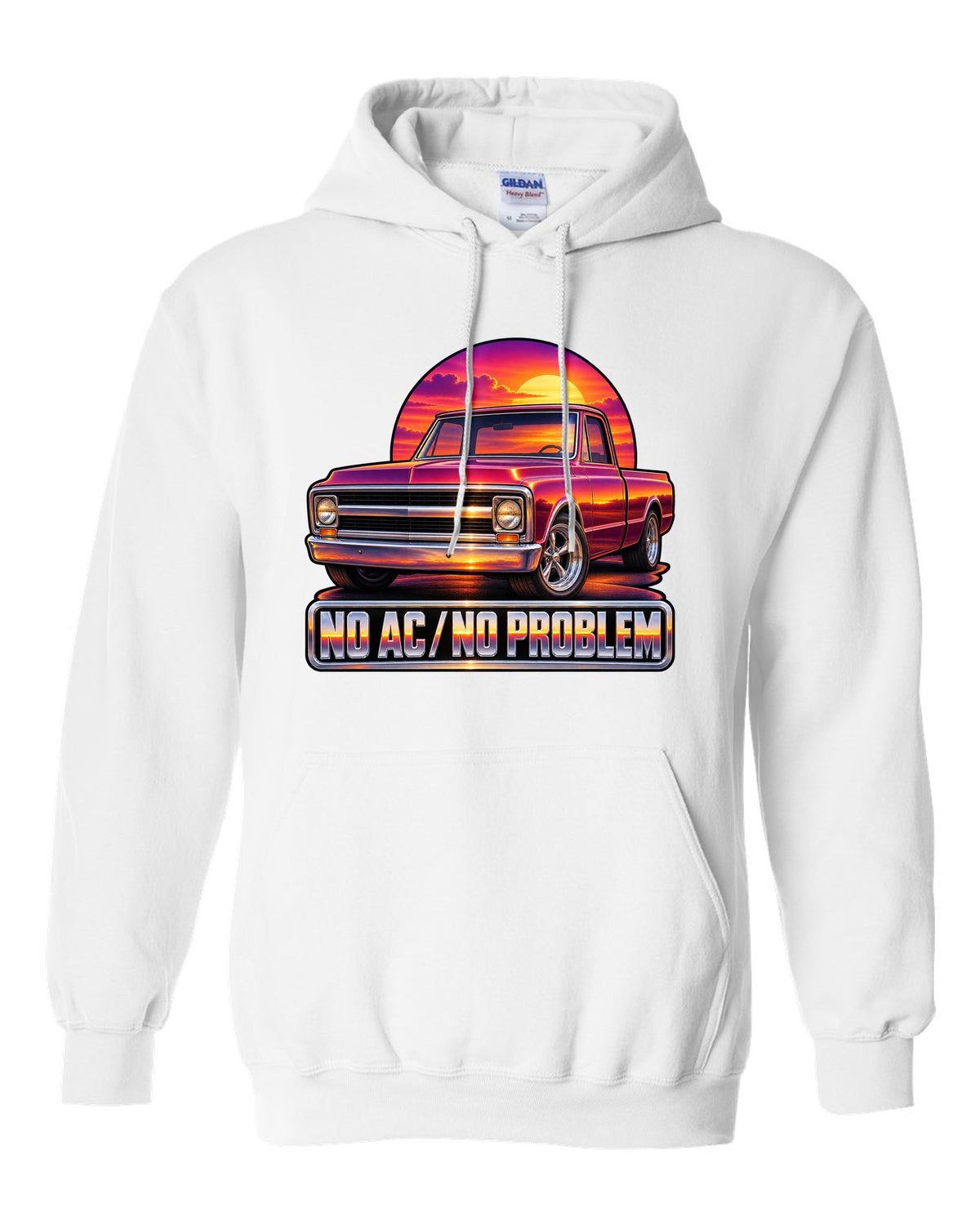 70s airbrush sunset grille print of a 1967-72 Chevrolet C10 Action Line Fleetside with no AC text white pull over hoodie front view with the design