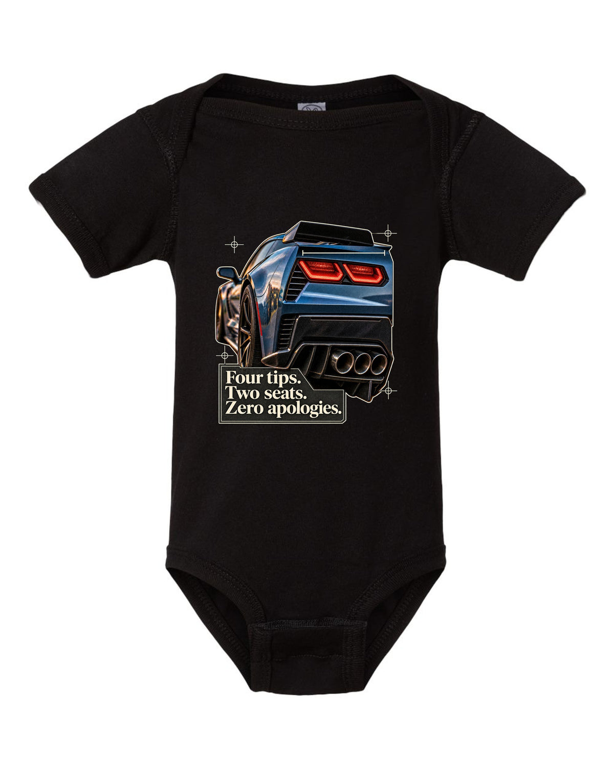 print of a Chevrolet Corvette C7 Z06 rear tail macro with four exhaust tips text black baby onesie front view with the design