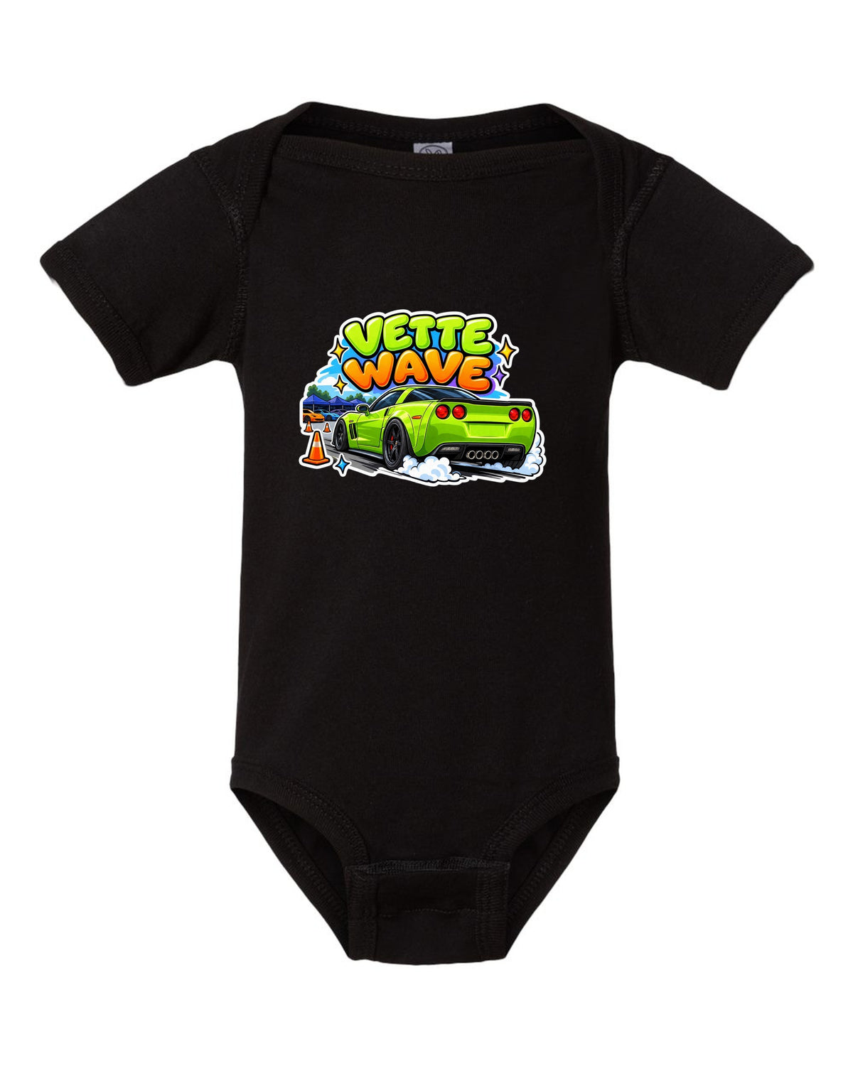 Cartoon sticker sheet print of a 2008 Chevrolet Corvette C6 Z06 with Vette Wave lettering black baby onesie front view with the design