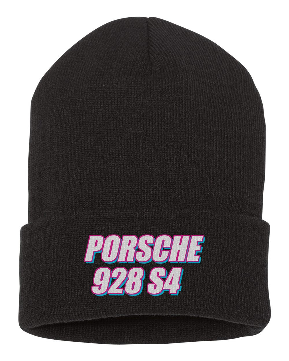 Porsche 928 S4 black beanie front view with car name