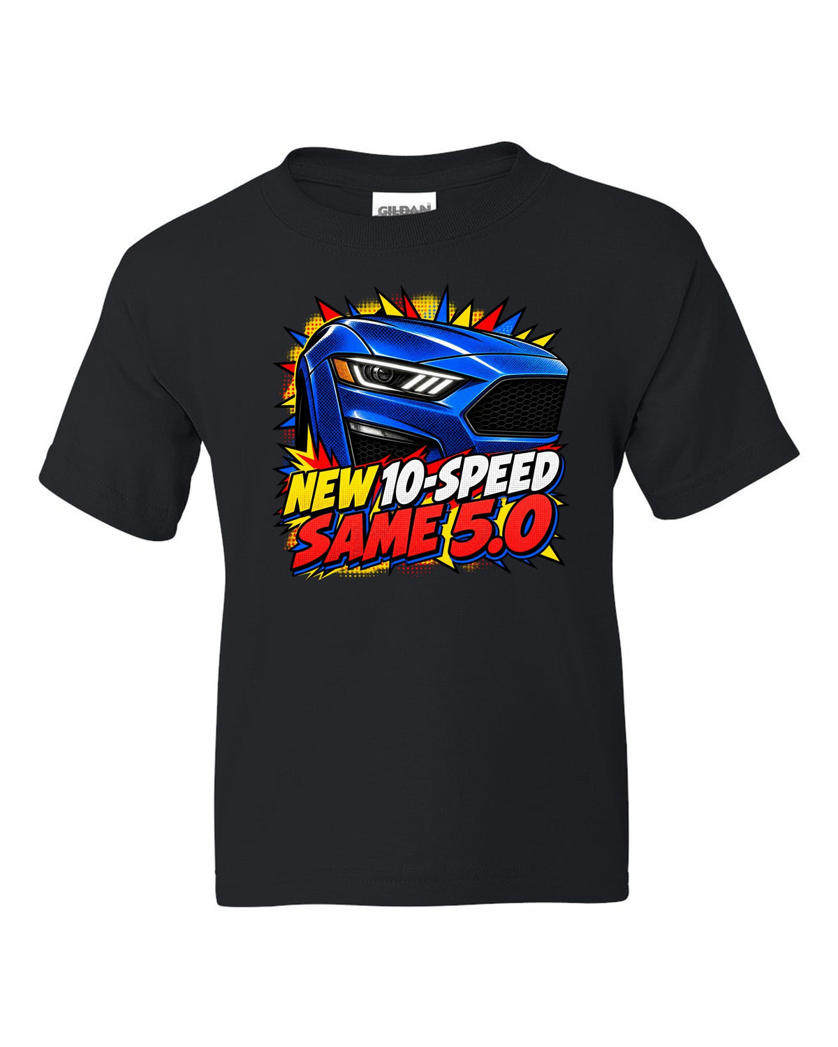 Comic halftone pop-art print of a 2018-23 Ford Mustang S550 GT front end black kids tee front view with the design