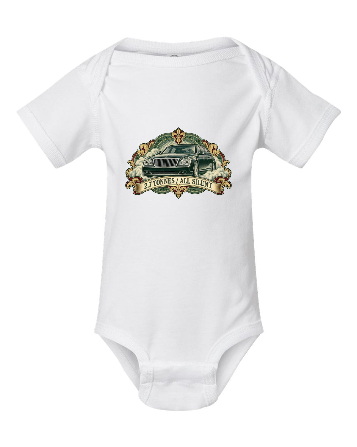 Engraved banknote style etching of a Maybach 57 W240 with 2.7 Tonnes All Silent text white baby onesie front view with the design