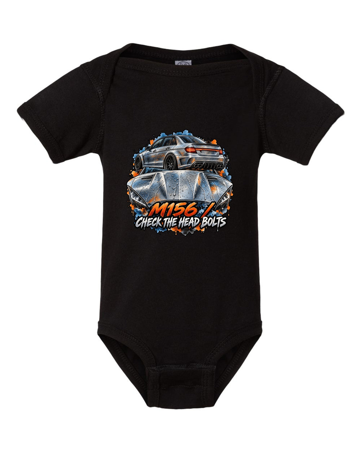 Technical blueprint line art of a cross-drilled brake and Mercedes C63 AMG W204 black baby onesie front view with the design