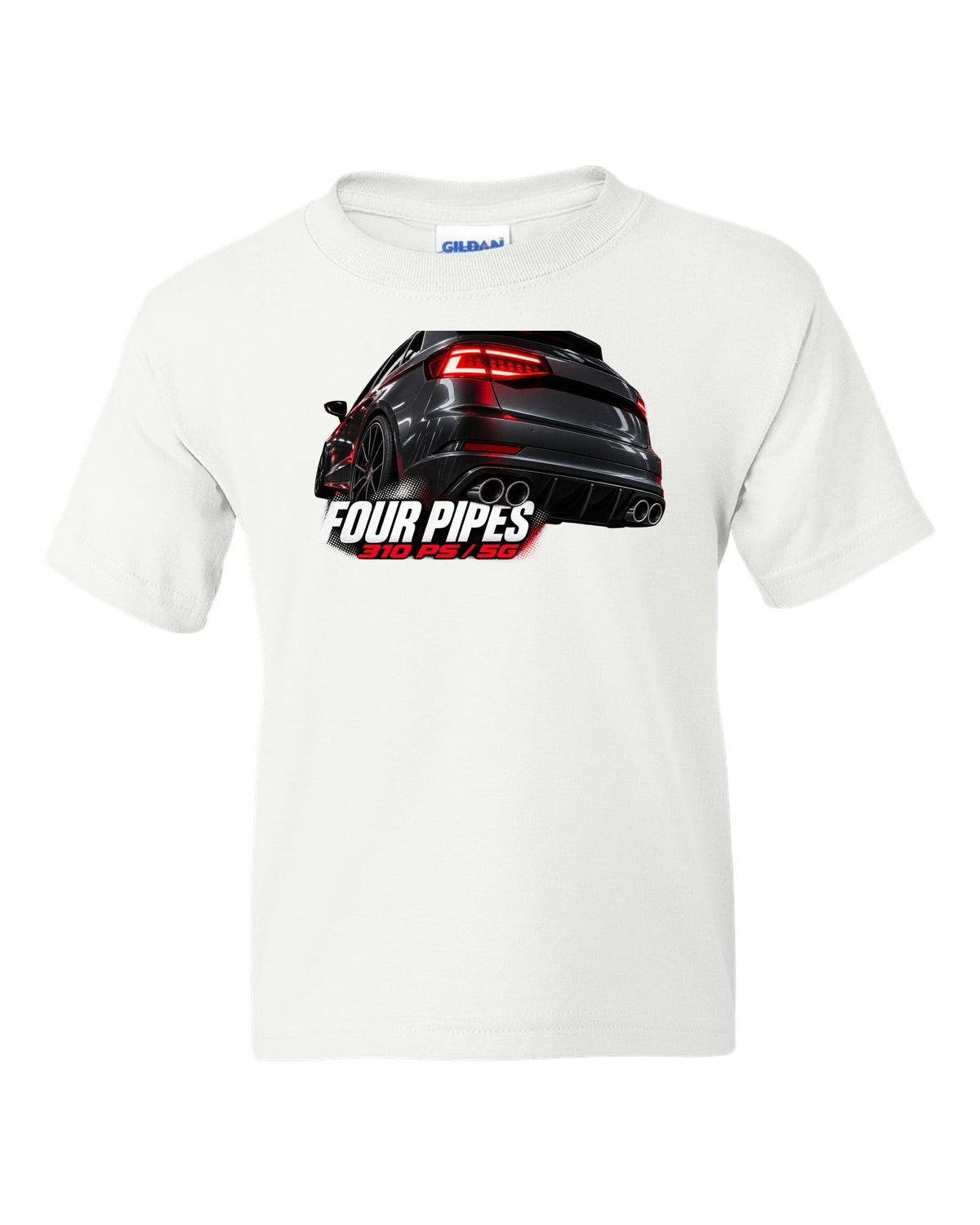 print macro of a VW Golf R Mk7.5 rear taillight and four exhaust pipes with 310 PS text white kids tee front view with the design