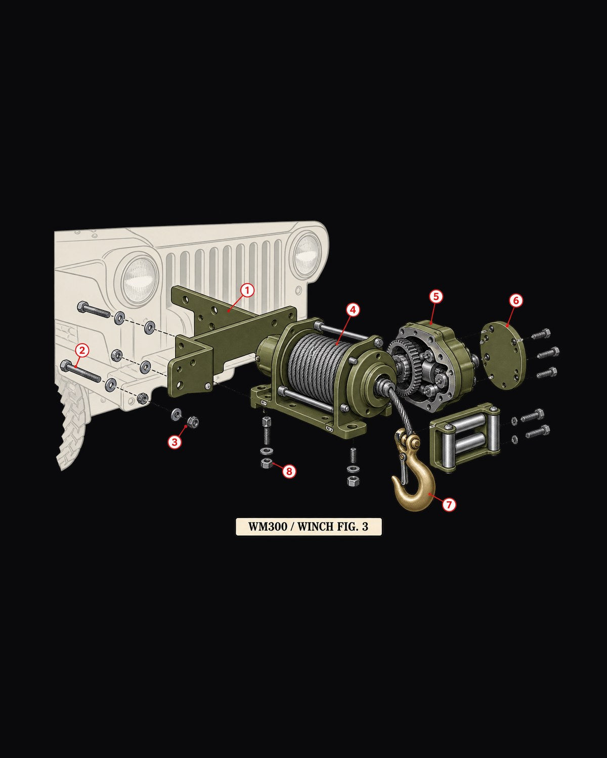 WM300 Winch Exploded Diagram Shirt, Dodge Power Wagon Flat Fender design only