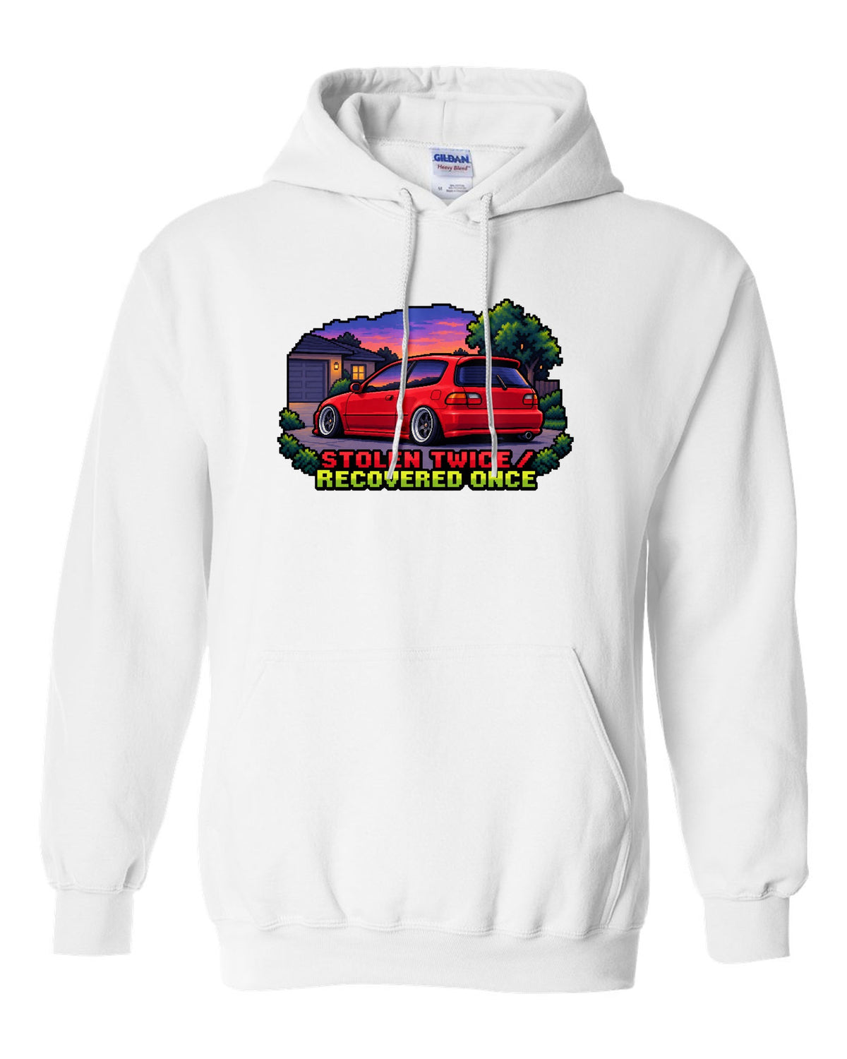 16-bit pixel art Honda Civic EG6 SiR print with stolen twice text white pull over hoodie front view with the design