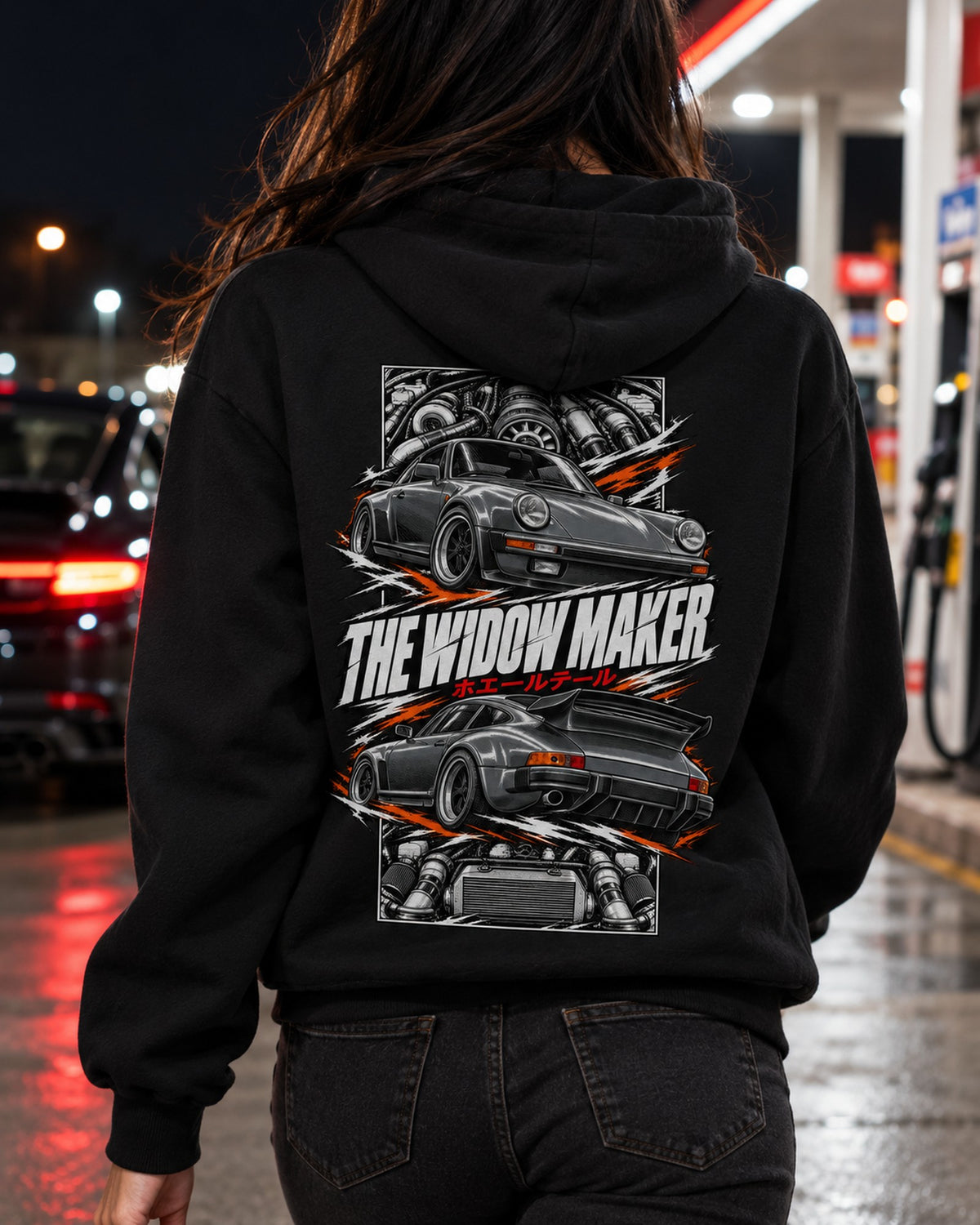 Porsche 930 Turbo Torn Poster Full-Back Graphic Tee Pull Over Hoodie Black worn hero