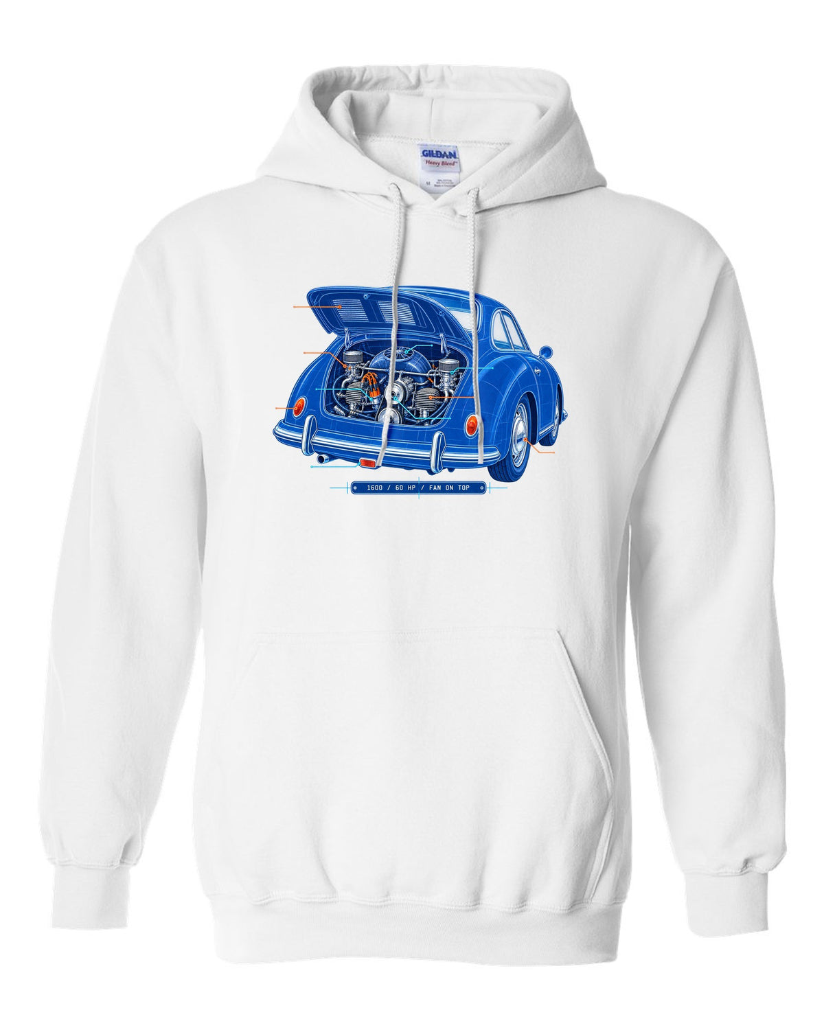 Linocut print of a 1978 Porsche 911 SC Targa in a night garage with the text SC Targa, 180 PS and 3.0 white pull over hoodie front view with the design