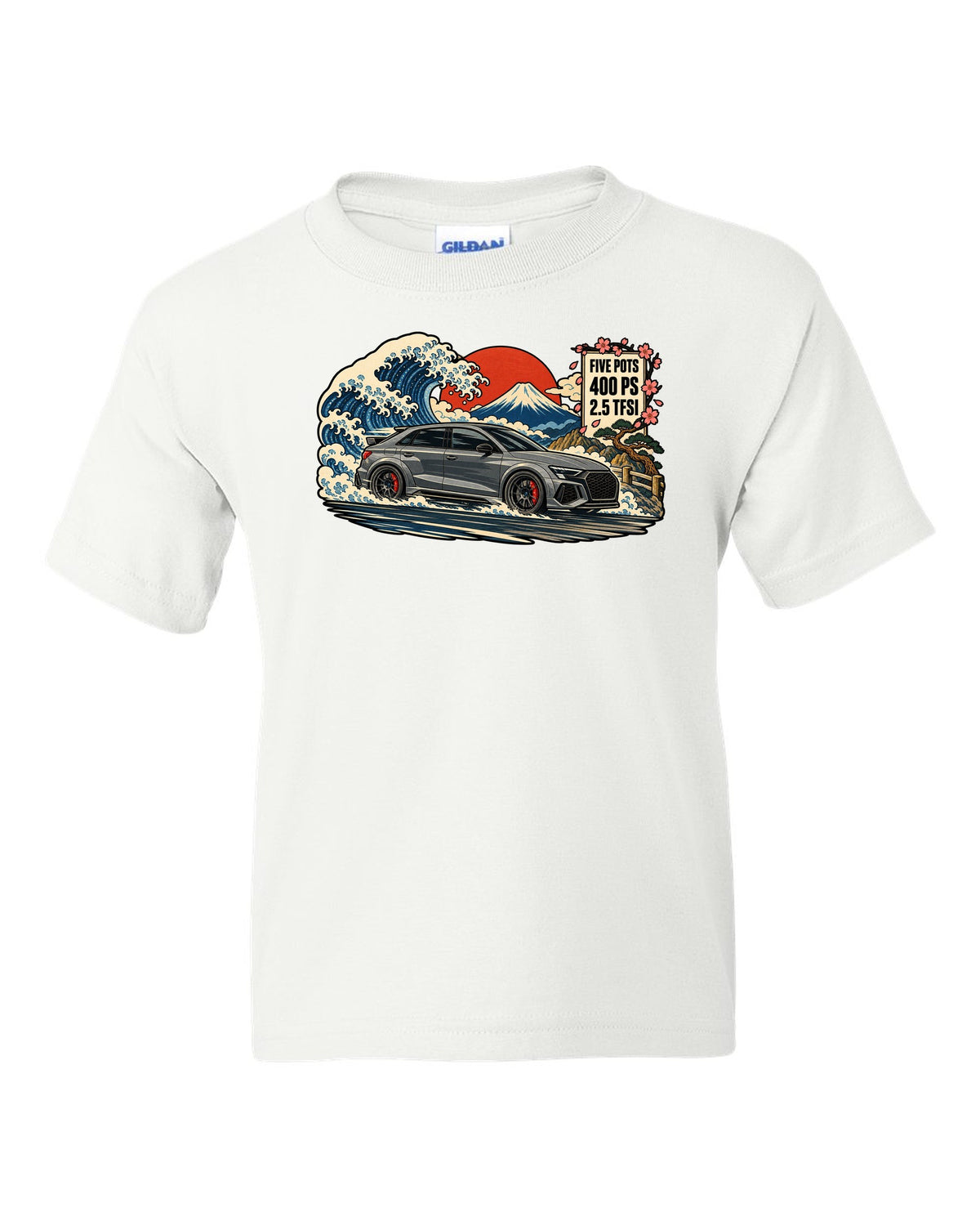 Ukiyo-e woodblock style print of an Audi RS3 8Y with a mountain and 2.5 TFSI text white kids tee front view with the design