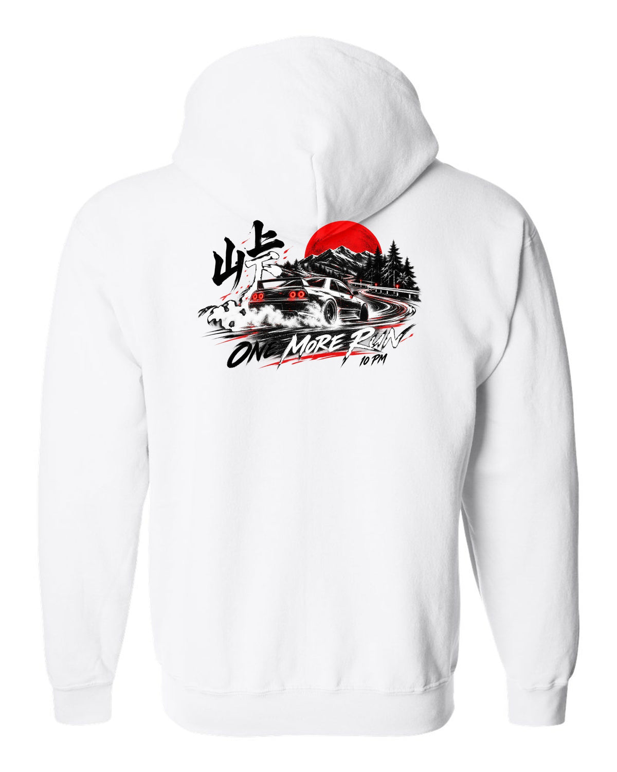 Night cornering print of a Mazda RX-7 FD3S with one more run lettering white zip hoodie back view with the design