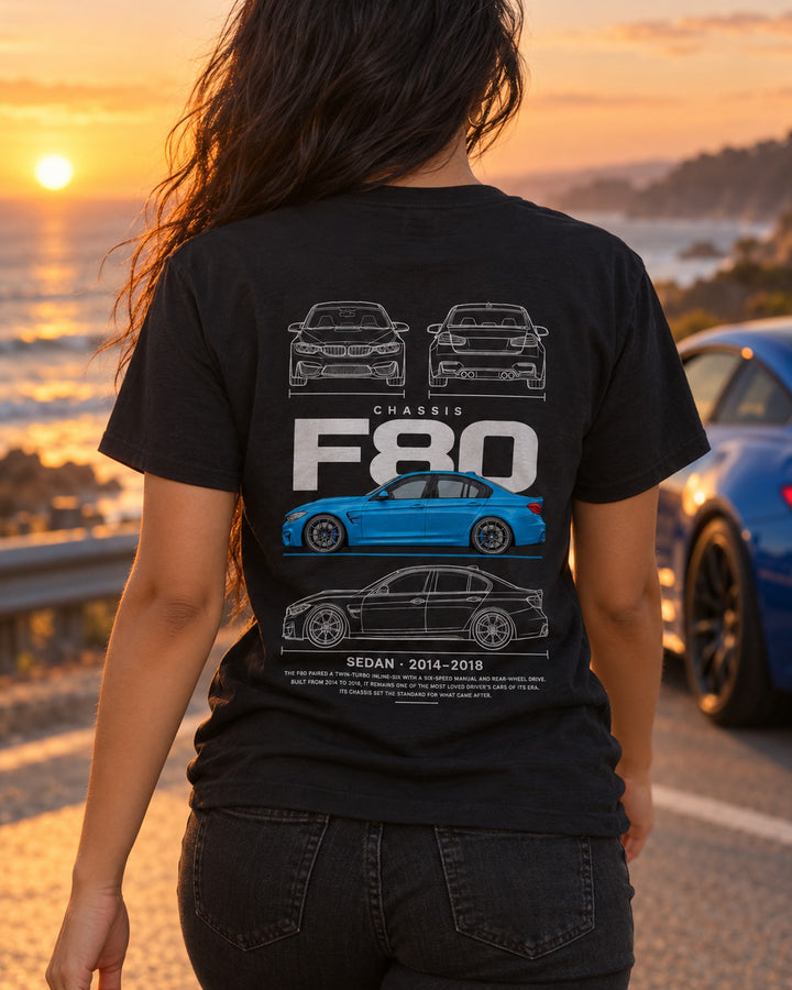 BMW F80 M3 four-door sedan Blueprint Full-Back Graphic Tee, F80 Chassis Code T-Shirt Black worn hero