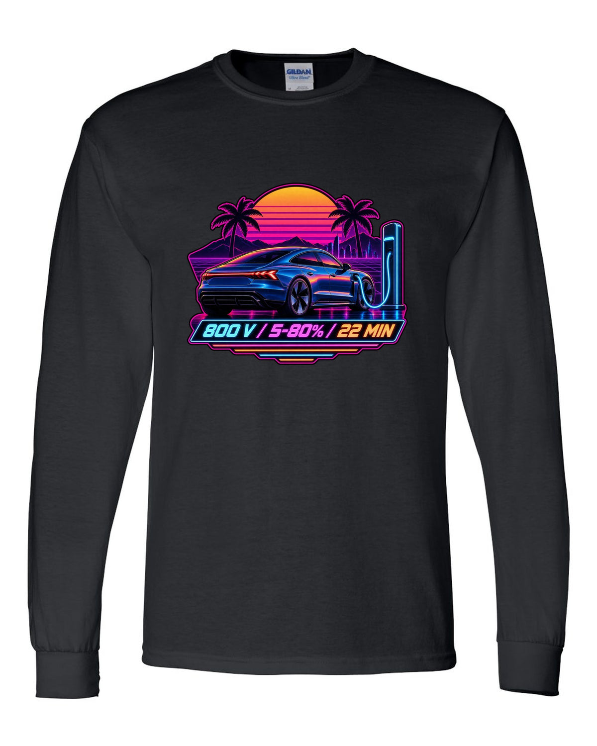Outrun style print of an Audi e-tron GT with 800 V charging figures black long sleeve front view with the design
