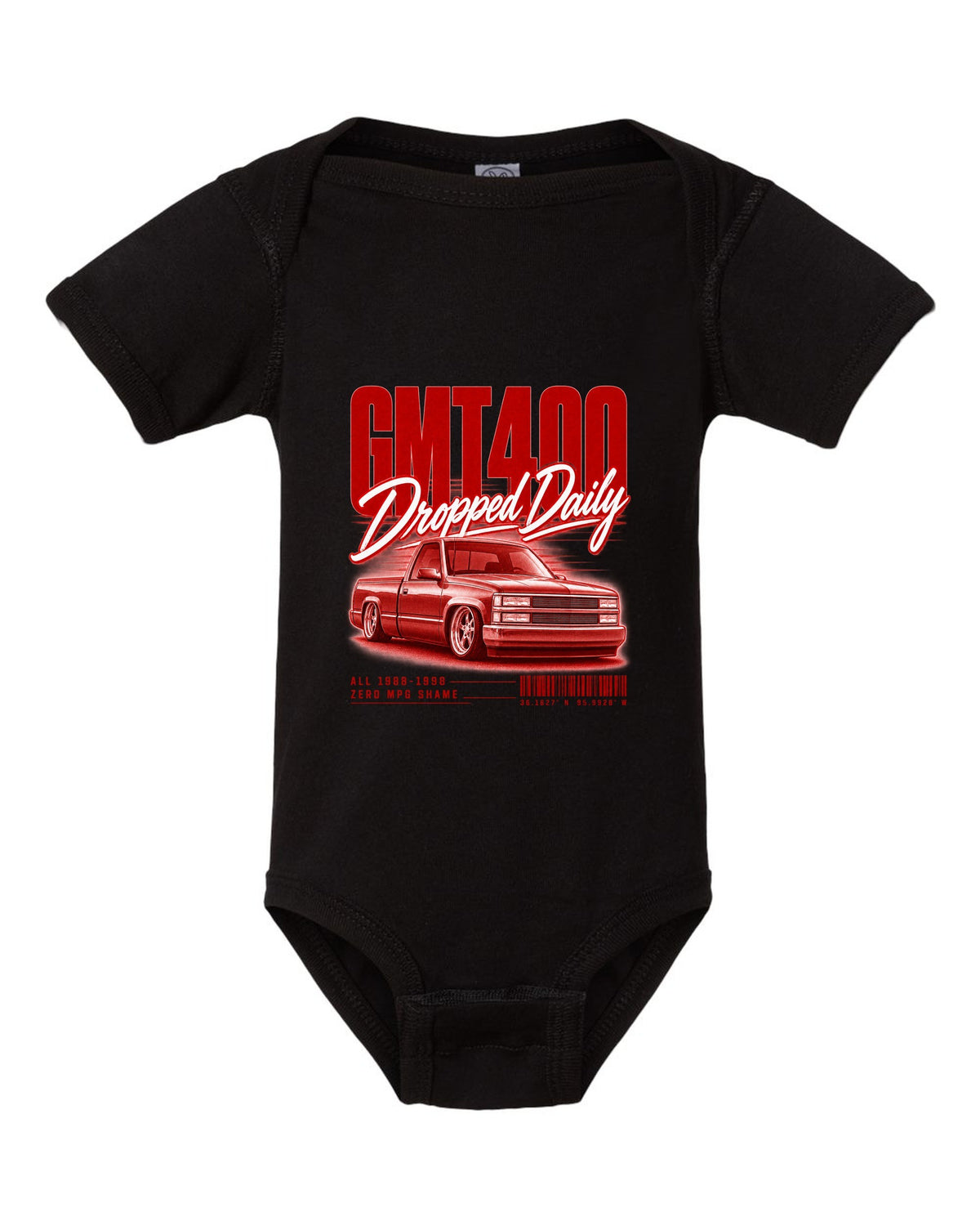 GMT400 OBS regular cab street poster print black baby onesie front view with the design