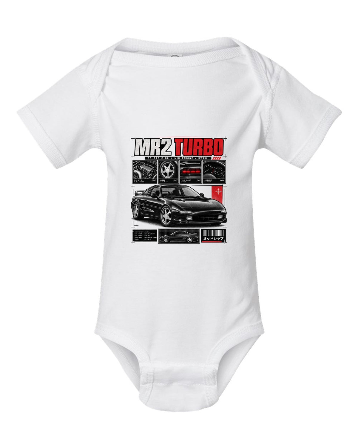 print of a Toyota MR2 SW20 Turbo in dossier panels with 3S-GTE 2.0L and mid-engine text white baby onesie front view with the design