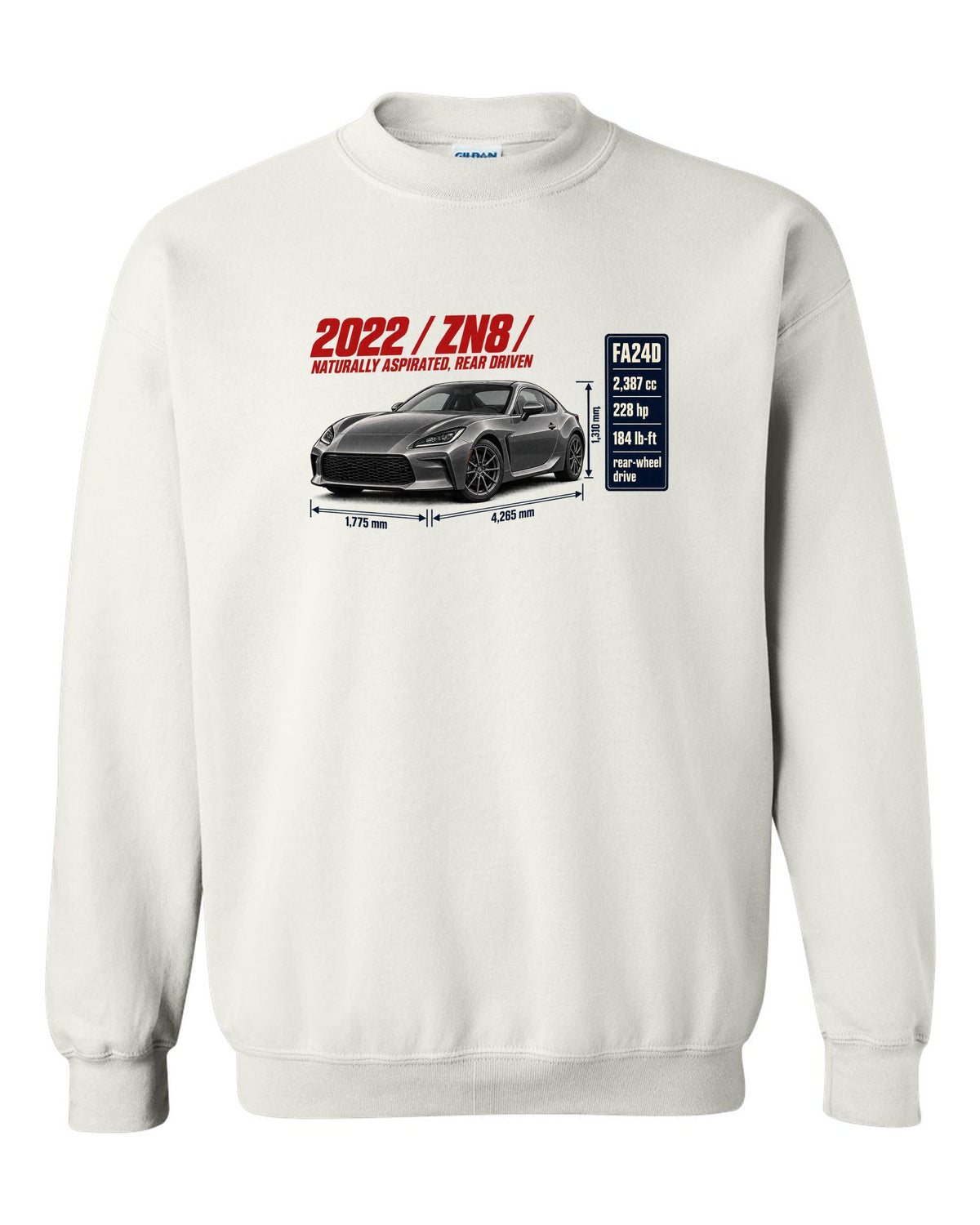 Spec poster layout for a 2022 Toyota GR86 ZN8, poster-style print white crewneck front view with the design