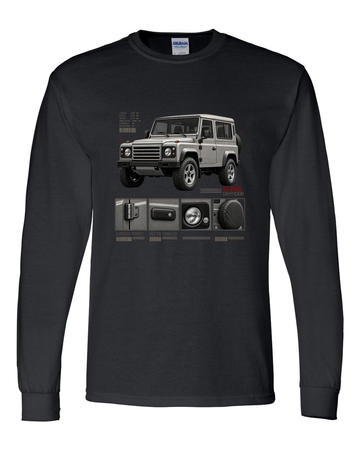 Dossier panel print of a Mercedes G-Class W463 listing exposed hinges and button handles black long sleeve front view with the design