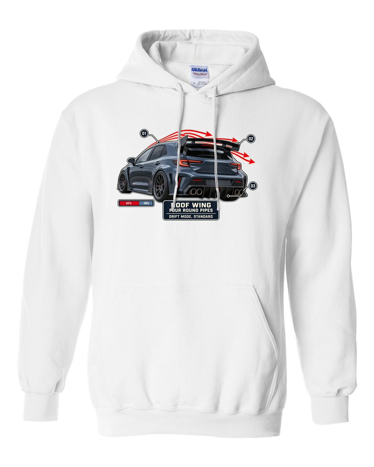 Mercedes-AMG A45 S W177 rear three-quarter with aero callout labels print white pull over hoodie front view with the design